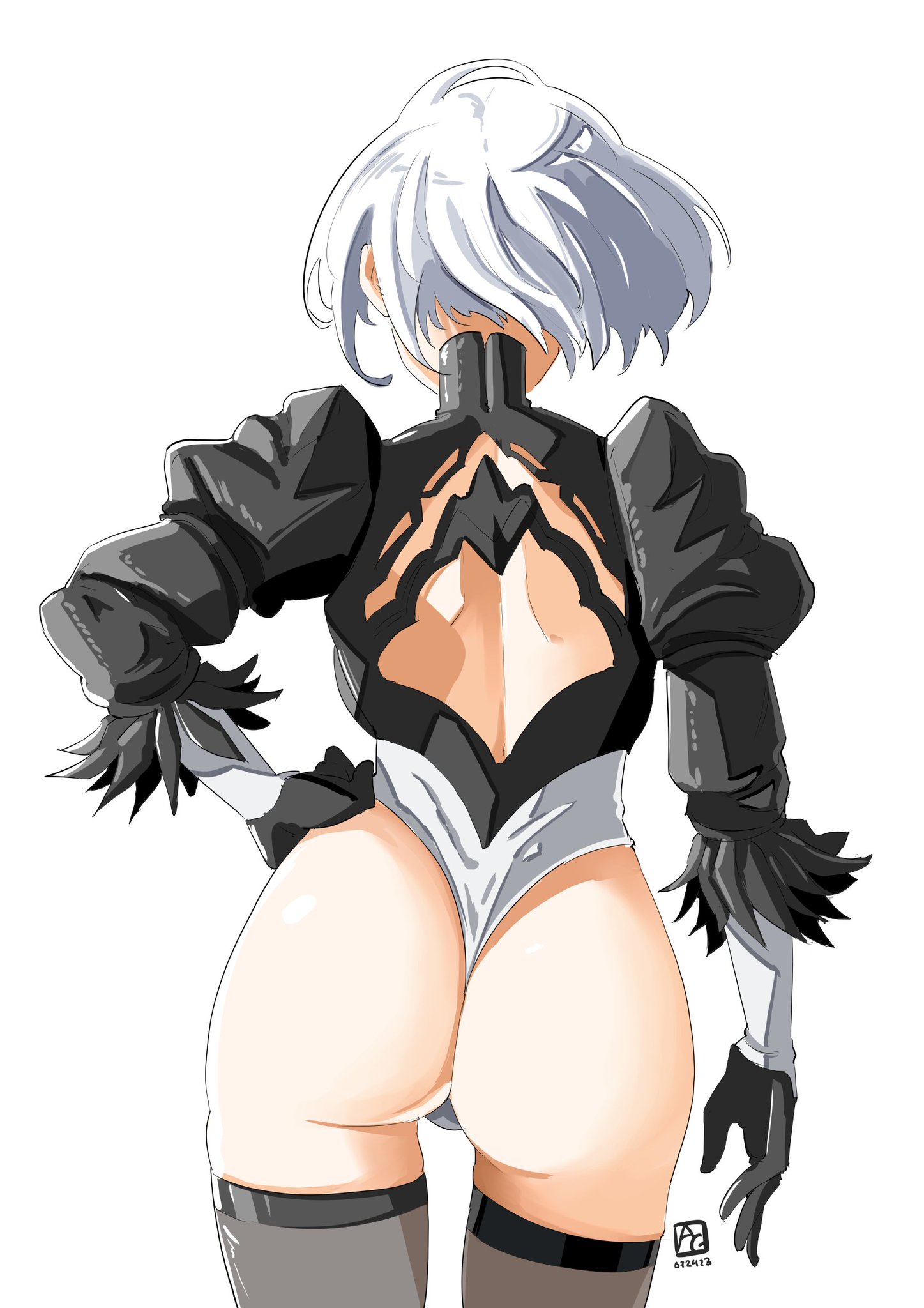 android, ass, ass focus, automatic giraffe, backboob, big ass, breasts, facing away, female, from behind, gloves, hand on own hip, huge ass, leotard, medium breasts, nier (series), nier: automata, presenting, presenting ass, short hair, solo, thighhighs, thong, thong leotard, white hair, yorha 2b