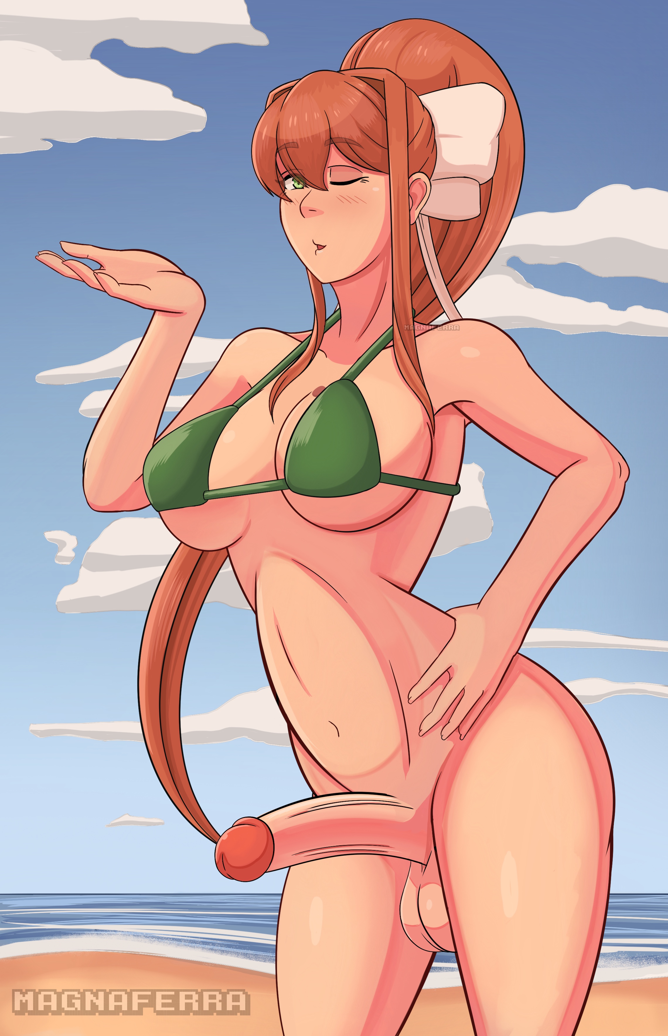 1futa, balls, beach, big breasts, big penis, bikini, blush, bottomless, breasts, brown hair, clothed, clothing, doki doki literature club, erect penis, erection, futa only, futanari, green eyes, hair ribbon, hand on hip, human, intersex, light skin, light-skinned futa, long hair, magna ferra, monika (doki doki literature club), mostly nude, penis, solo, standing, swimsuit, testicles, wink