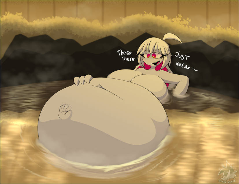 1girls, big belly, breasts, female, fnf entity, friday night funkin, hand on belly, hot spring, huge breasts, naked, nikusa (sugarratio), pink pupils, struggling prey, talking to prey, vore, white hair, white skin