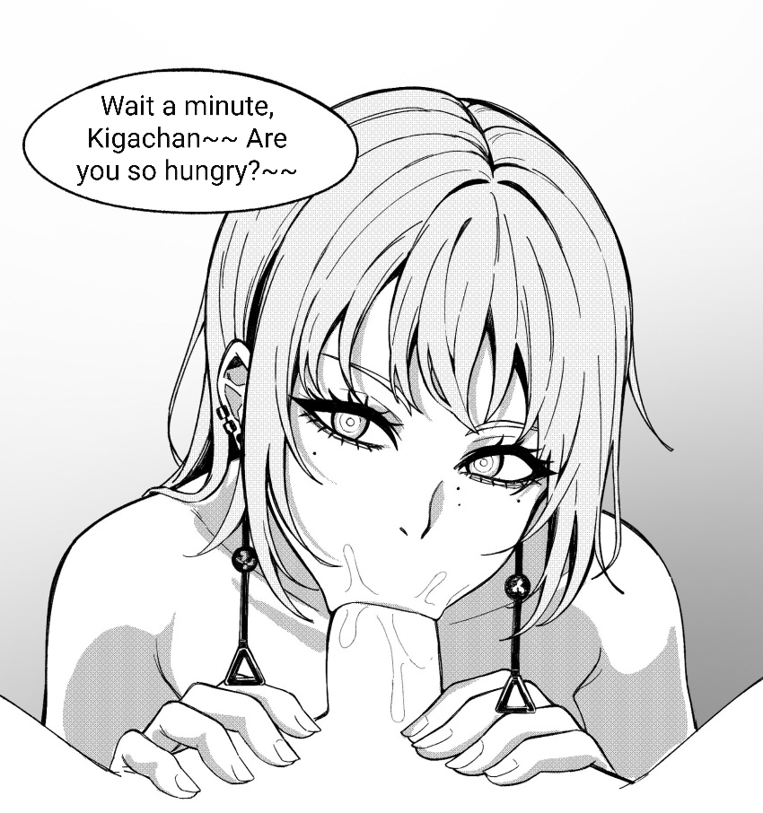 1boy, 1girls, blowjob, chainsaw man, cock hungry, death devil (chainsaw man), earrings, eyelashes, fellatio, female, gradient background, head tilt, looking at viewer, male, mole under eye, oral, penis, petite, pov, siri (artist), translated