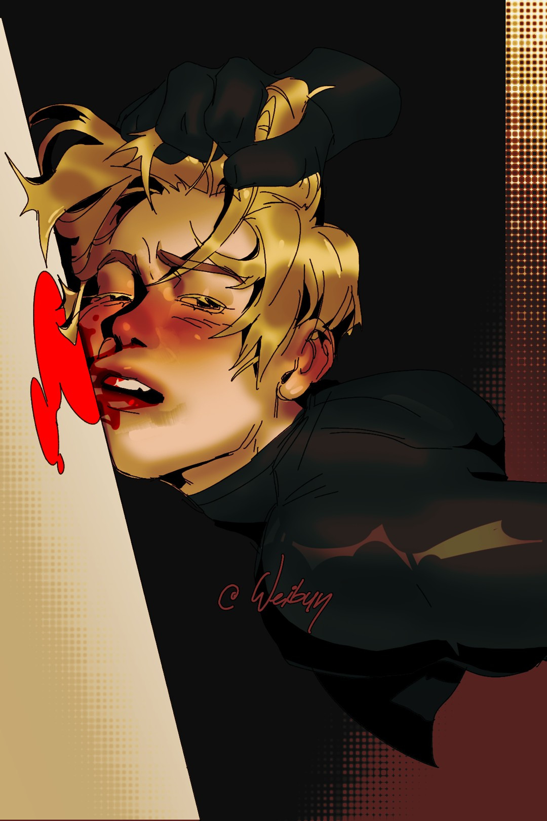 blood on face, blush, hair grab, leon scott kennedy, nosebleed, resident evil, safe for work, weibun