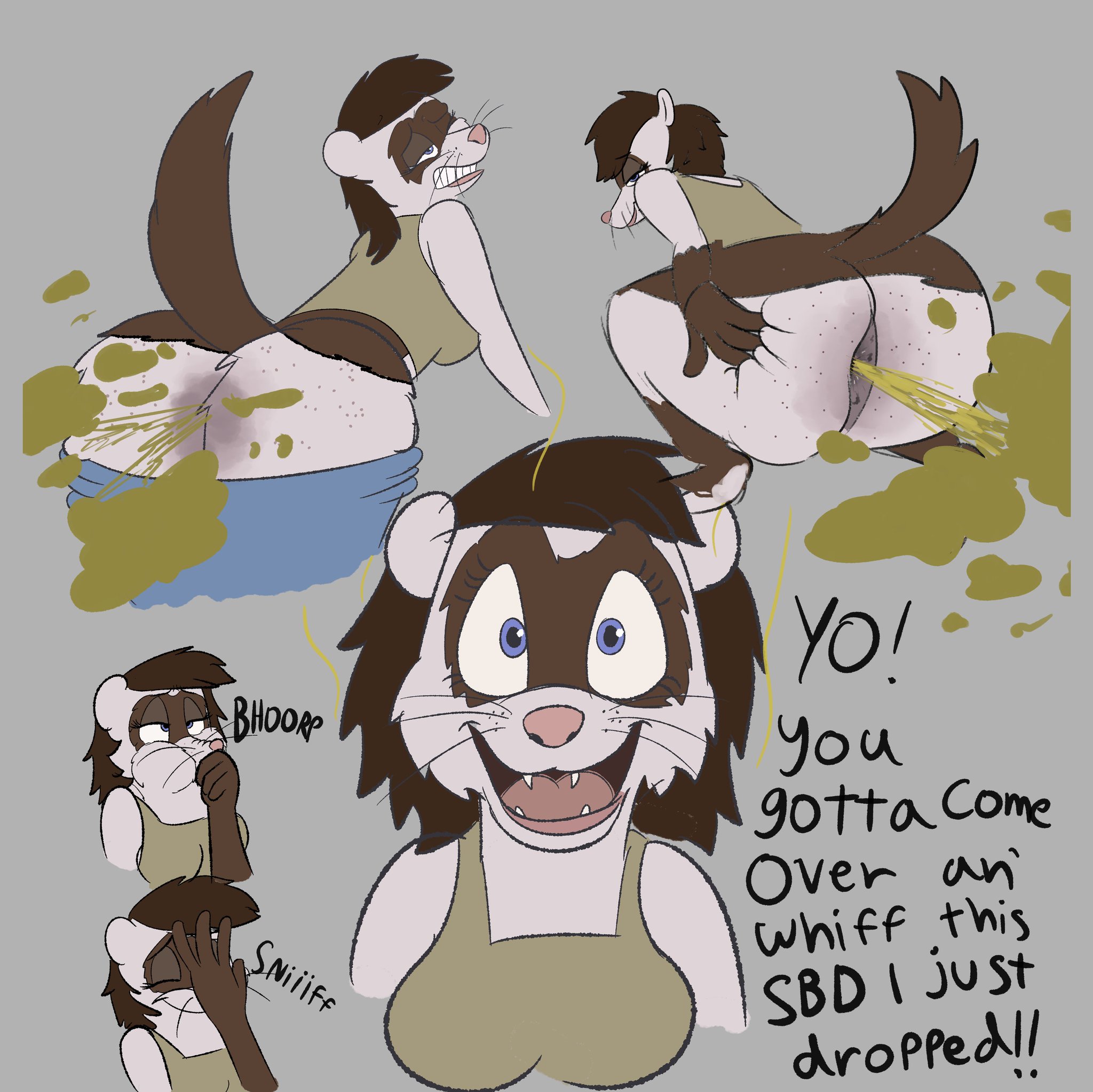 anus, ass, bare ass, barefoot, belch, belching, blue eyes, breasts, brown fur, brown hair, burp, burp fetish, burping, dialogue, fangs, fart, fart cloud, fart fetish, farting, female, female only, ferret, ferret girl, freckles, freckles on ass, furry, gassipon, gassipons, hair, lainey (gassipon), looking at viewer, mask (marking), mullet, mullet (hairstyle), one eye closed, open mouth, pants down, smelly, sniffing, spread ass, squatting, stink lines, stinky, strained, tail, talking to viewer, tank top, whiskers