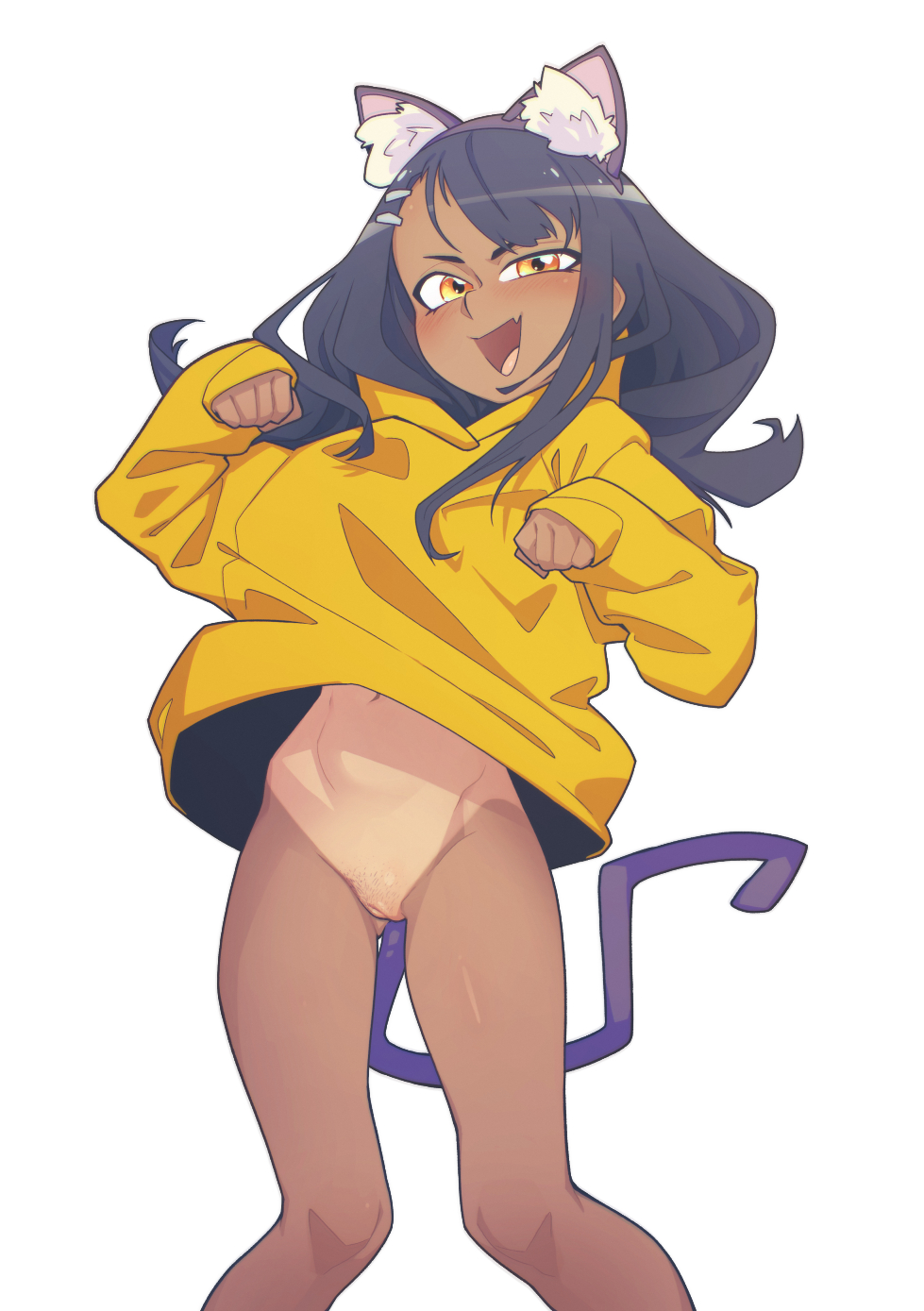 1girls, blush, bottomless, cat ears, cat tail, cute fang, female, hayase nagatoro, hoodie, long hair, looking at viewer, open mouth, pinkpirate, please don't bully me, nagatoro, pussy, tail, tanline, tanlines, uncensored, yellow hoodie