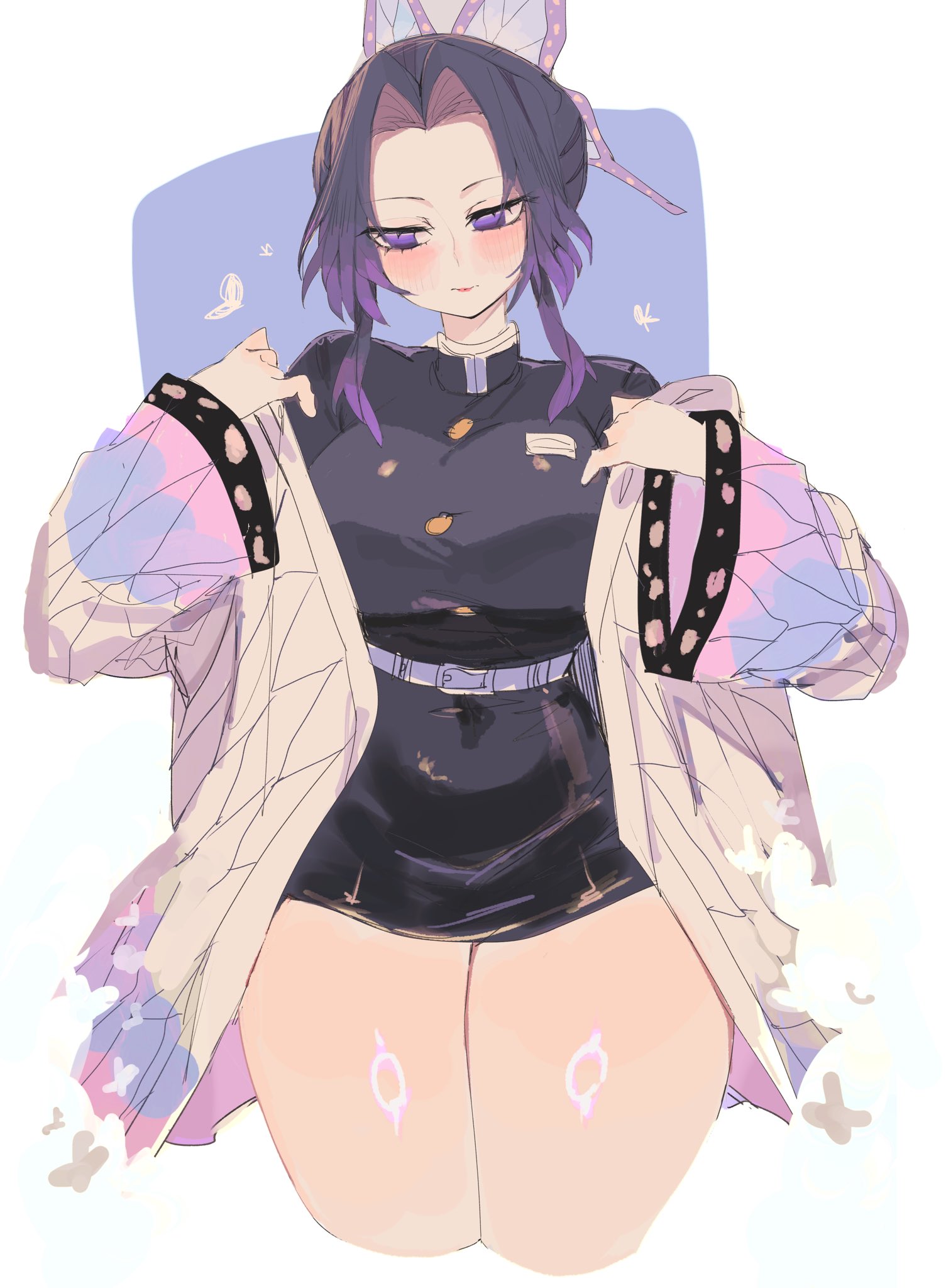 1girls, big breasts, big thighs, blush, blushing, breasts, clothed, clothing, demon slayer, dress, female, female only, hair ornament, hourglass figure, jacket, kimetsu no yaiba, kochou shinobu, looking down, purple eyes, purple hair, purple-haired female, shiny skin, short hair, short skirt, skirt, solo, solo female, standing, thick, thick thighs, thighs, thunder thighs, tight clothing, undressing, usa37107692, white background, wide hips