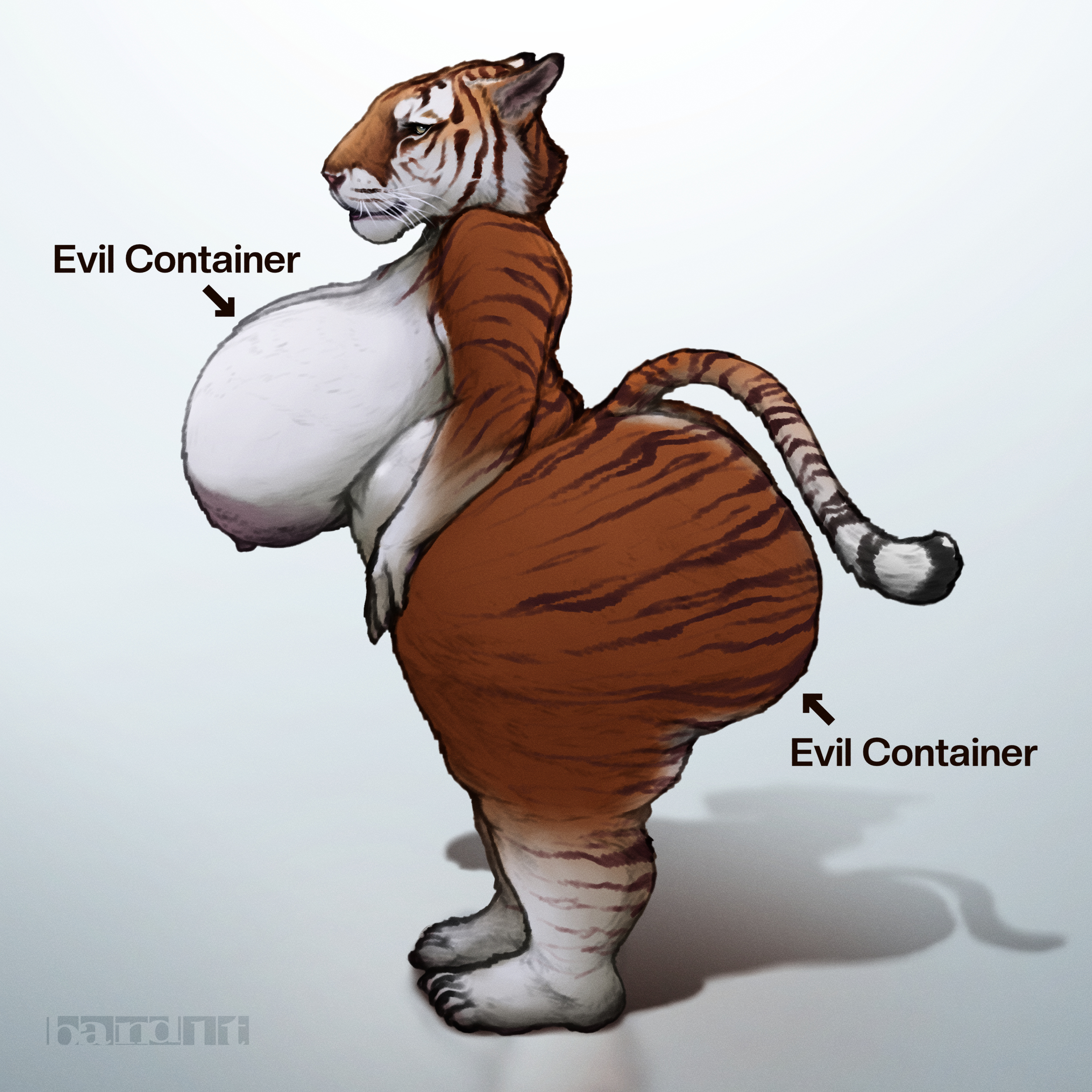 1:1, absurd res, anthro, areola, ass, band1tnsfw, big areola, big breasts, big butt, big nipples, black stripes, breasts, digital drawing (artwork), digital media (artwork), directional arrow, english text, evil container, felid, female, female anthro, fur, hi res, huge breasts, huge butt, looking at viewer, mammal, mature anthro, mature female, meme, montgomery glands, nipples, nude, nude anthro, overweight, overweight anthro, overweight female, pantherine, portrait, red body, red fur, simple background, solo, stripes, text, thick thighs, tiger, white body, white fur, wide hips