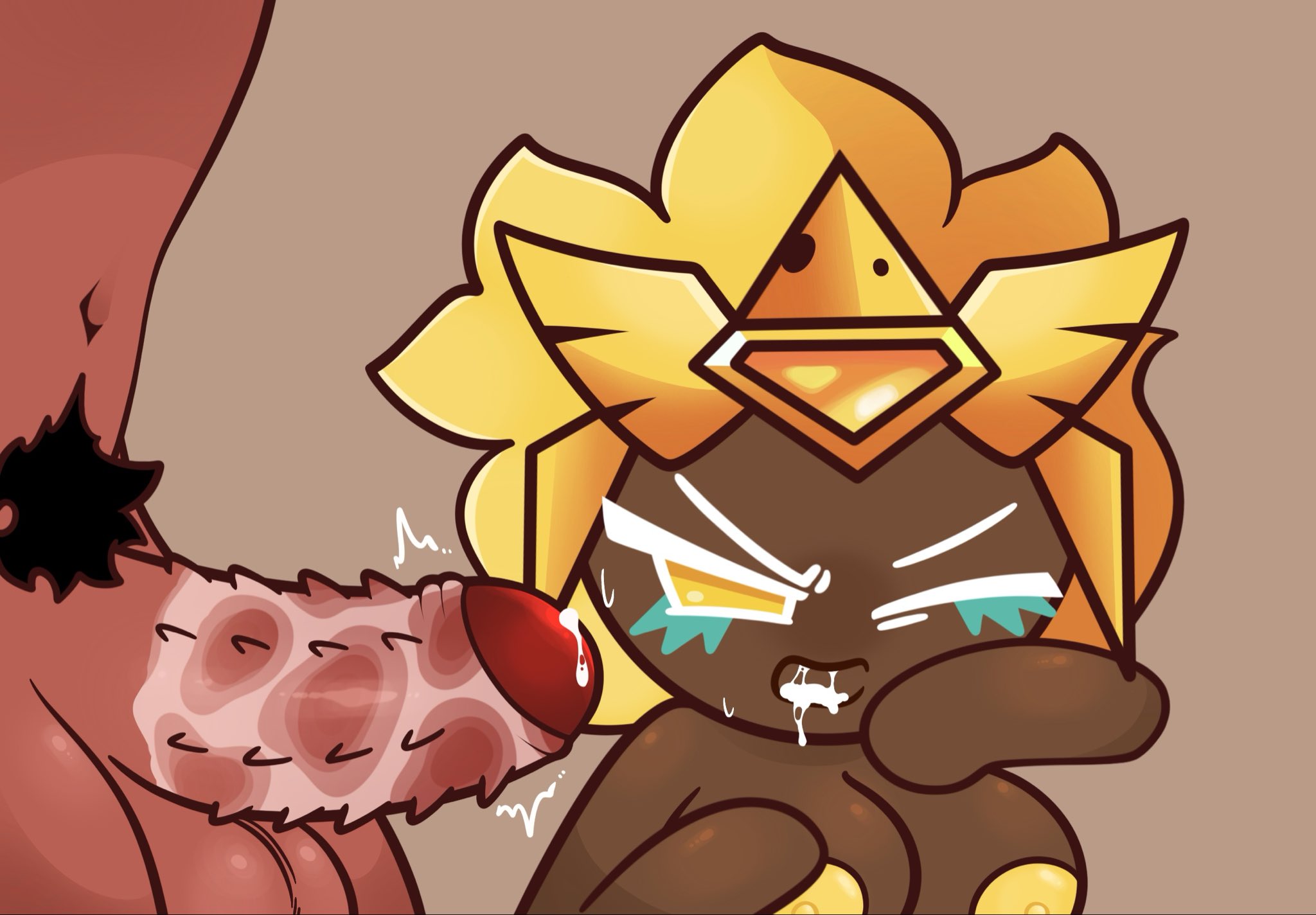 1boy, 1boy1girl, 1girl1boy, after oral, after orgasm, big breasts, blonde female, blonde hair, burning spice cookie, cookie run, cookie run braverse, cookie run kingdom, cum, cum in mouth, cum inside, cyan makeup, dark skin, dark-skinned female, female, foreskin, gem on forehead, golden cheese cookie, grimace, hairy, hairy cock, hairy dick, hairy penis, heterosexual, heterosexual female, heterosexual male, holding, holding mouth, holding mouth open, makeup, michelle mangov7, red body, red skin, red skinned male, saliva, saliva on cock, saliva on dick, saliva on penis, spiked cock, spiked dick, spiked penis, spikes, straight, straight couple, sweat, sweatdrop, sweating, white eyelashes, yellow hair, yellow hair female, yellow nipples
