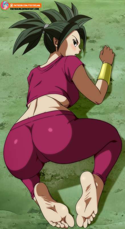 1girls, ass, barefoot, caulifla, clothed, doggy style, dragon ball, dragon ball super, dressed, feet, female, female only, foot fetish, foot focus, foxybulma, huge ass, kale, kefla, looking at viewer, looking back, soles, solo, wrinkled feet