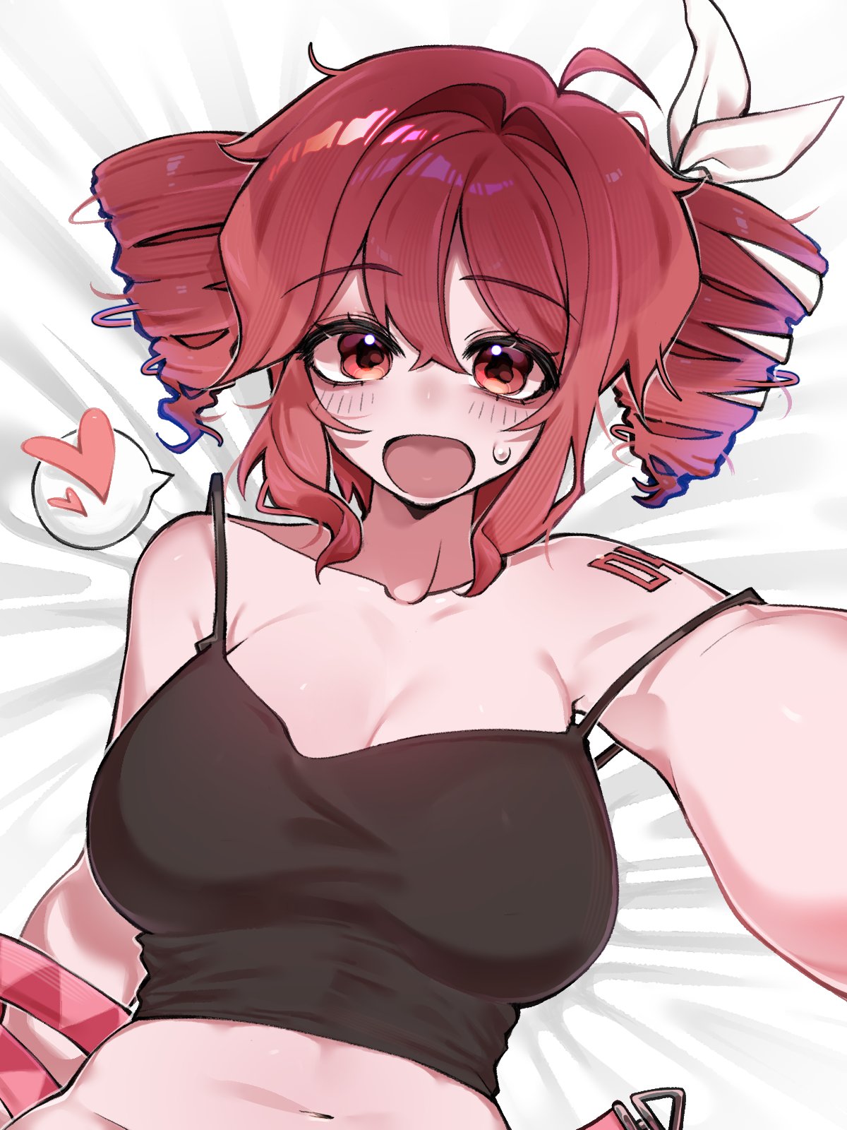 1girls, 2d, 2d (artwork), ahoge, arm tattoo, belly, big breasts, blush, blush lines, bottomless, breasts, cleavage, curvaceous, curvy, curvy female, curvy figure, danchoo, extended arm, female, female only, hair ornament, hairbow, happy, heart, heart symbol, high-angle view, huge breasts, kasane teto, kasane teto (sv), large breasts, laying down, laying on back, laying on bed, looking at viewer, messy hair, navel, no bra, no panties, on bed, open mouth, red eyes, red hair, selfie, shirt, shirt slip, slim waist, solo, solo female, speech bubble, spoken heart, sweat, sweatdrop, sweating, synthesizer v, tail, tank top, tattoo, twin drills, upper body, upper body focus, utau, voluptuous, voluptuous female