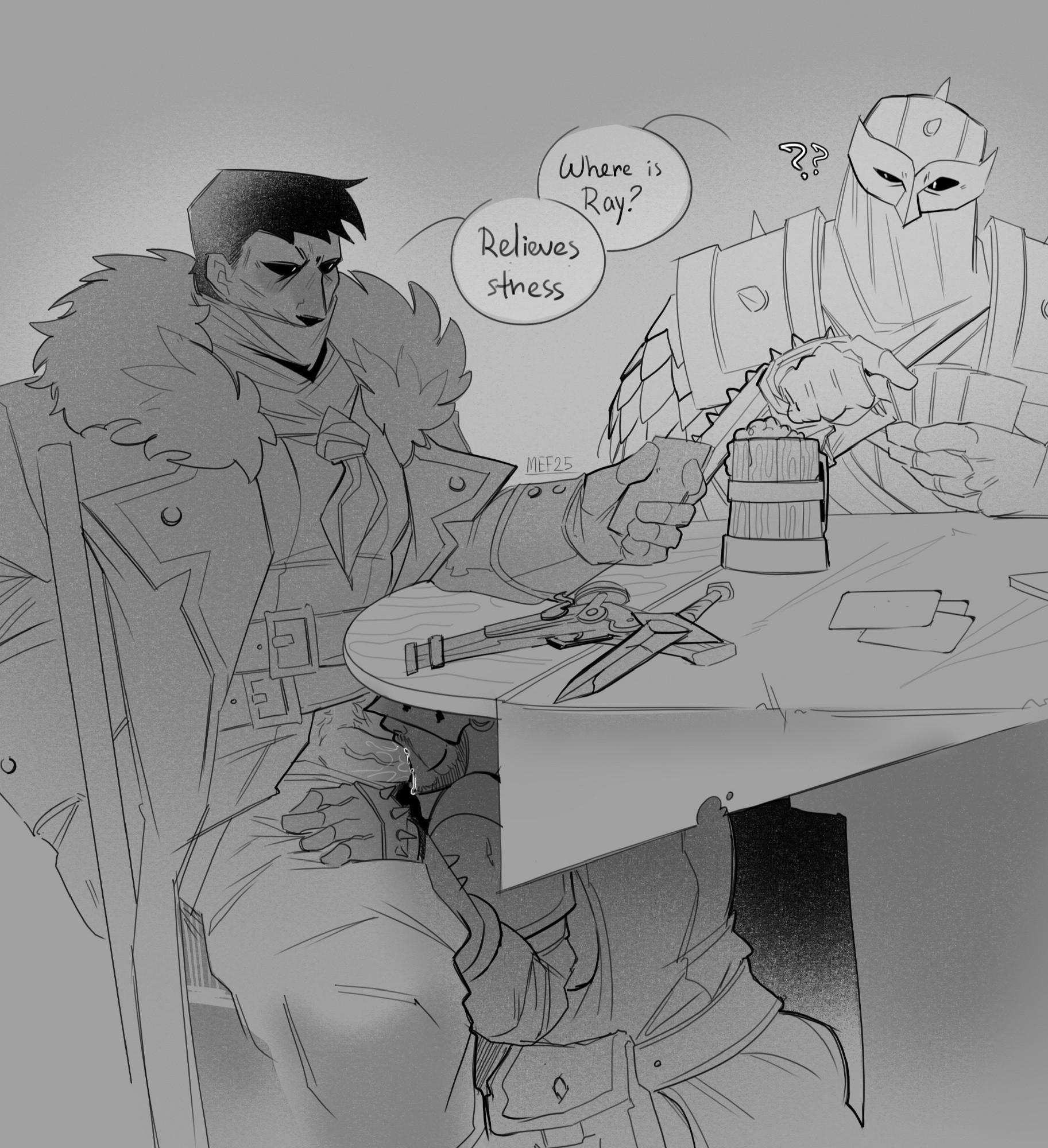 2025, 3boys, armor, armored male, bara, beard, beer mug, black and white, blowjob, bounty hunter (darkest dungeon), bystander, cards, clothed, clothed male, clothed sex, cowl, crusader, crusader (darkest dungeon), dark hair, darkest dungeon, fellatio, fully clothed, gauntlets, gay, gay blowjob, gay sex, gloves, helmet, highwayman (darkest dungeon), jacket, kneeling, kneeling oral position, knight, male, male only, masked, masked male, mefff, neckerchief, oral sex, penis, penis out, playing card, question mark, signature, sitting, spread legs, text, under the table, unknowing bystander, veiny penis, weapon, yaoi