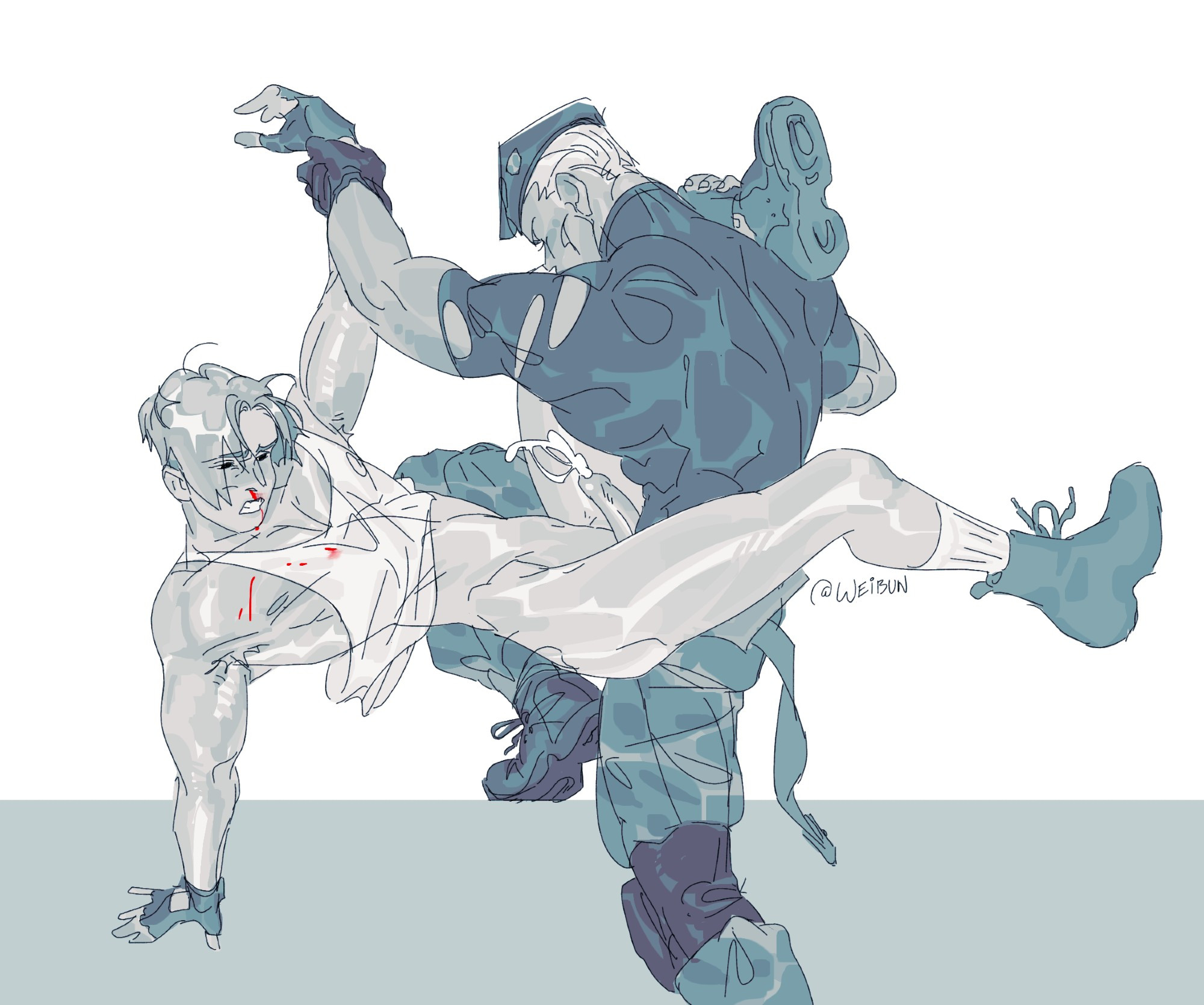 anal sex, gay, jack krauser, leon scott kennedy, nosebleed, partially clothed, resident evil, standing sex, weibun