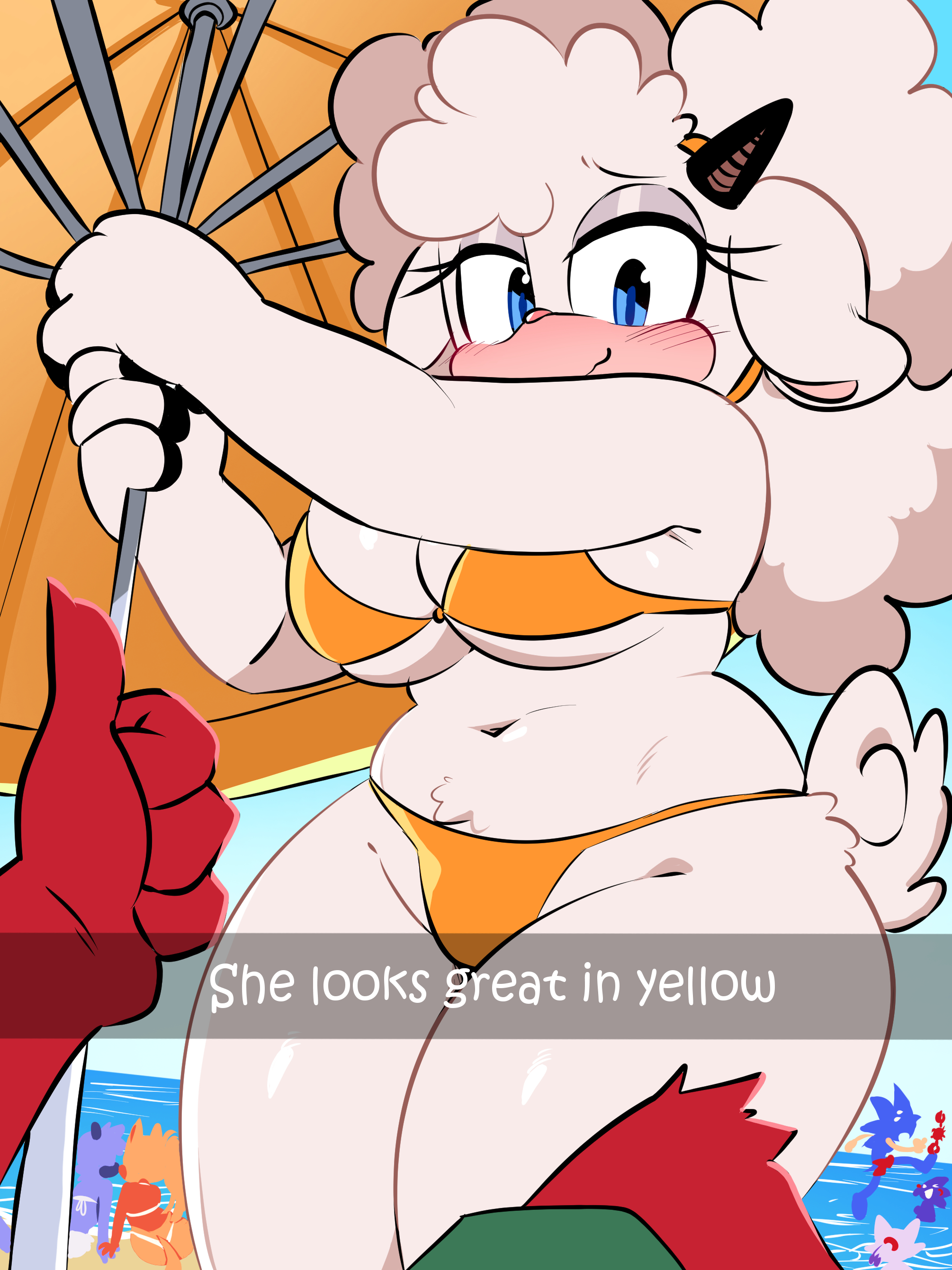1boy, 1girls, animal ears, anthro, background characters, beach, beach umbrella, bikini, blaze the cat, blue eyes, blue sky, blush, body fur, breasts, brown horns, cleavage, closed mouth, clothing, colored skin, couple, day, english language, english text, female, fur, furry, furry female, furry male, gadget the wolf, happy, holding, holding umbrella, horns, idw publishing, instagram story, lanolin the sheep, large breasts, long hair, looking at viewer, male pov, mammal, multiple boys, multiple girls, navel, ocean, orange bikini, outdoors, plump, quavernsfw, sega, sheep ears, sheep girl, sheep horns, sky, smile, solo focus, sonic (series), sonic forces, sonic the hedgehog, sonic the hedgehog (comics), sonic the hedgehog (idw), sonic the hedgehog (series), swimsuit, tail, tangle the lemur, text, thick thighs, thighs, thumbs up, umbrella, underboob, water, wavy mouth, whisper the wolf, white fur, white hair, yellow bikini