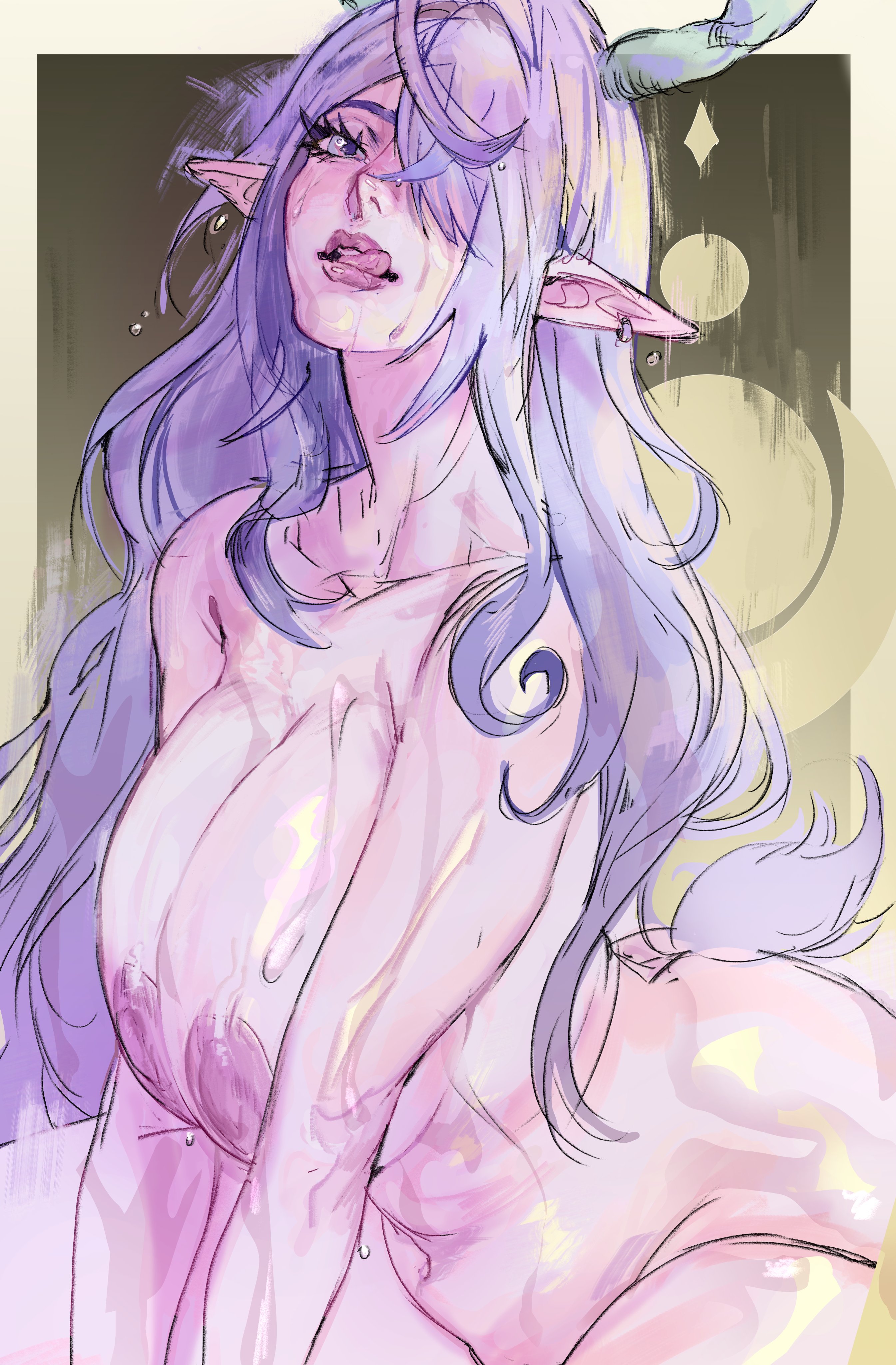 1girls, antlers, ass, female, genshin impact, hoyoverse, large breasts, lauma (genshin impact), licking lips, long hair, mihoyo, notlvd0312, nude, pointy ears, purple hair