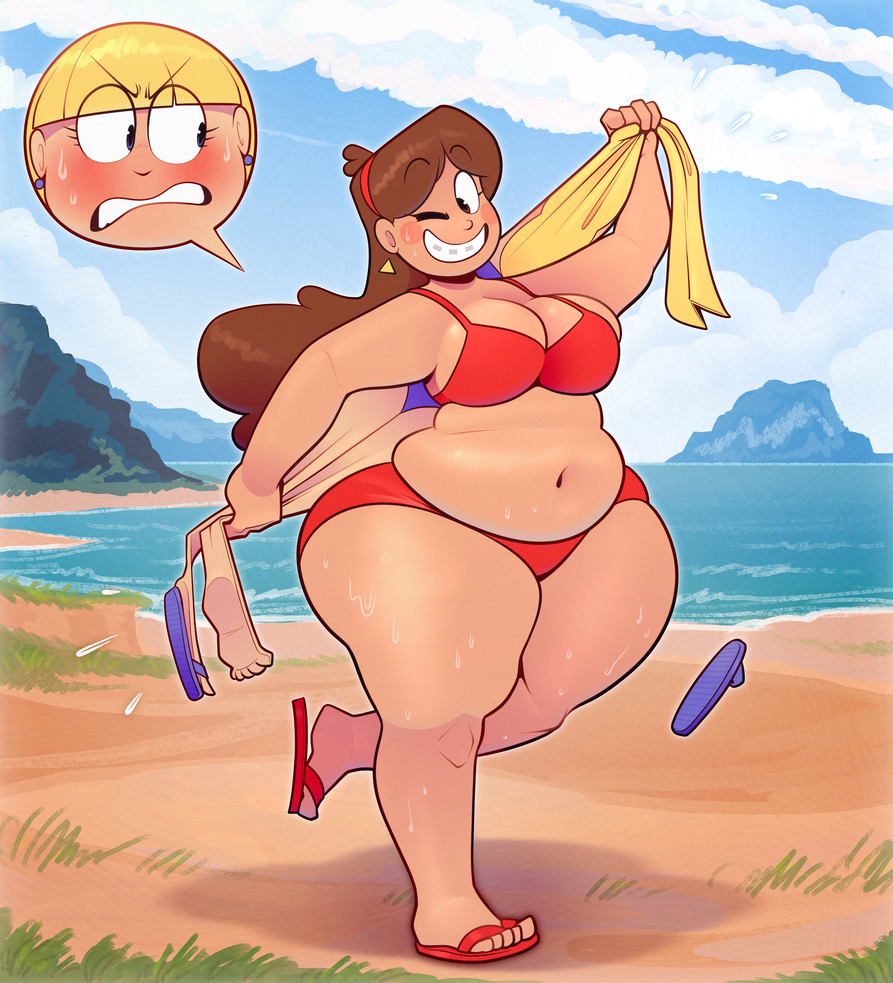 2girls, aged up, beach, belly, belly rolls, bikini, breasts, bulging breasts, chubby, chubby belly, chubby female, female, female only, gravity falls, huge breasts, huge thighs, mabel pines, outdoors, pacifica northwest, pear-shaped figure, ridiculouscake, sweat, sweating, thick thighs, transformation, wide hips