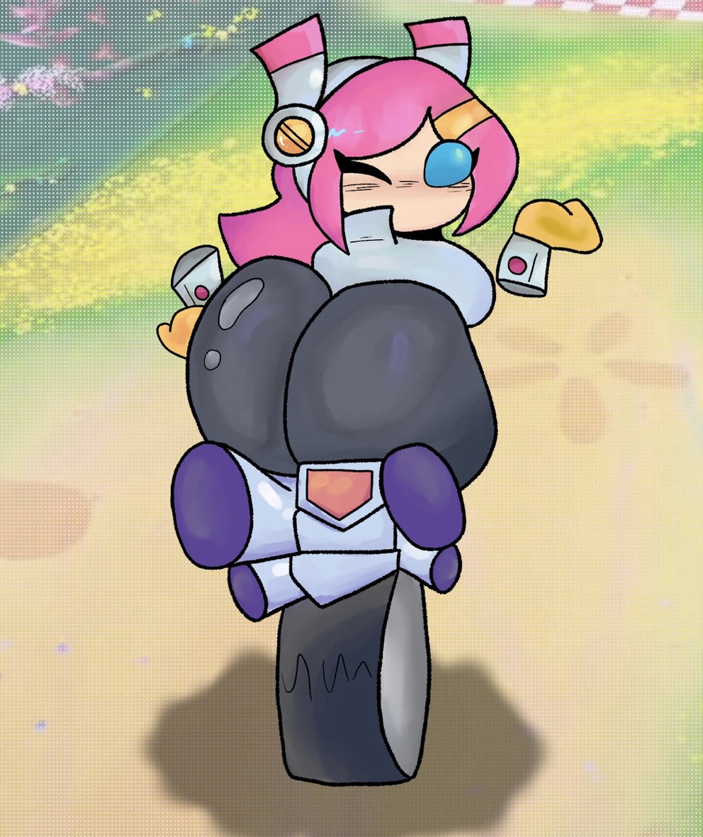 ass focus, back view, clothing, driving, female, female only, hands on ass, kirby (series), kirby planet robobot, pink hair, rear view, shortstack, susanna patrya haltmann, susie (kirby), susie is actually a heavyweight rider, thicc, wheelie (kirby), wheelie bike, wink