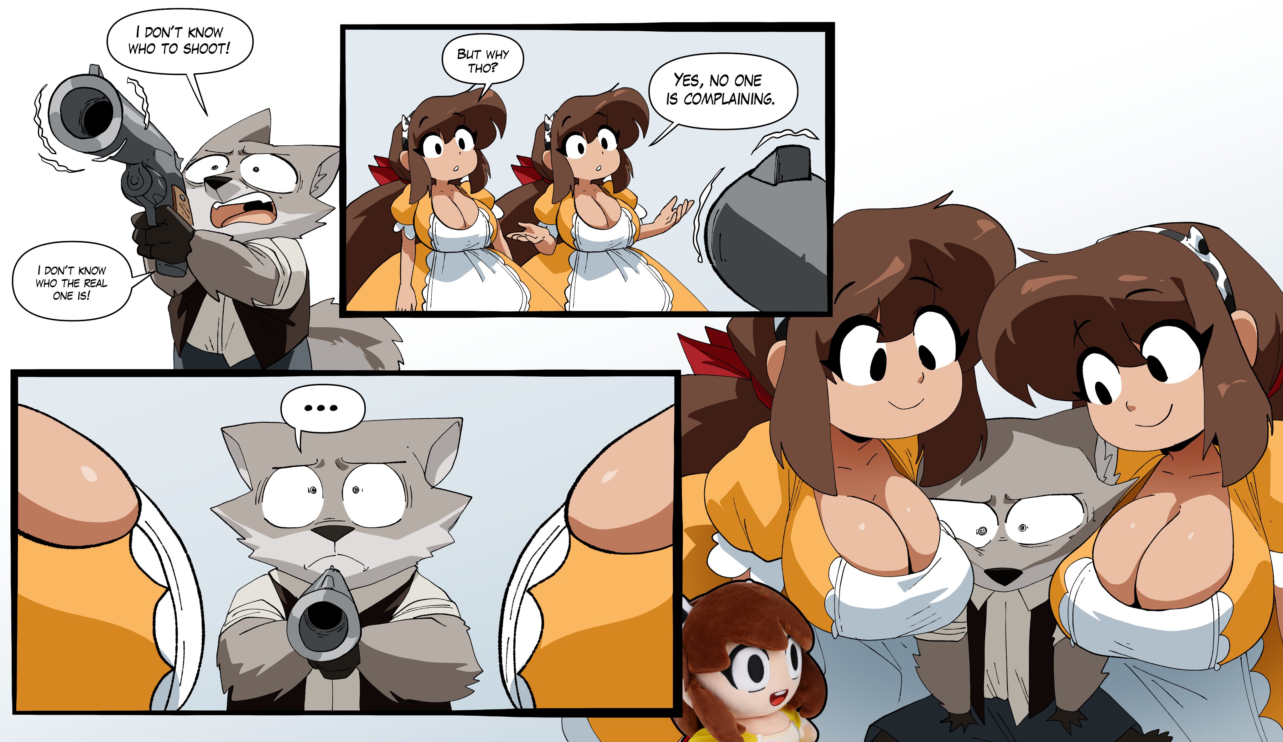 ..., 1boy, 2boys, 2girls, aiming, aiming at viewer, animal ears, anthro, apron, black eyes, bow, breasts, brown hair, canid, canine, canis, carlos (inker comics), cleavage, clone, closed mouth, clothing, coolerinker, cow print, cup, dress, english language, english text, fake horns, female, furry, furry male, gloves, grey fur, gun, hair ribbon, hairband, hairbow, handgun, headband, holding, holding gun, holding weapon, horns, huge breasts, inker comics, inkershike, large breasts, long hair, looking at another, maid, maid headdress, male, mammal, mona (inker comics), multiple girls, orange dress, pants, ponytail, red bow, red ribbon, ribbon, sexually suggestive, short sleeves, shorts, smile, speech bubble, spoken ellipsis, text, weapon, white apron, wolf, wolf boy, wolf ears, yellow dress