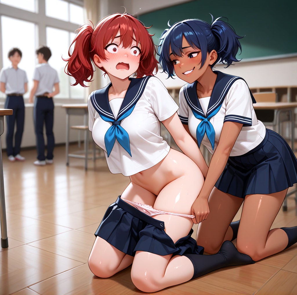 ai generated, arms restrained, assisted exposure, bare ass, blush, bottomless, bullying, classroom, clothes pull, dark skin, dark-skinned female, embarrassed, embarrassed nude female, embarrassed underwear female, enf, euf, exhibitionism, exhibitionist, glj-enf, going commando, half naked, half-dressed, humiliated, humiliation, kneel, laughing, multiple girls, nude from the waist down, panties around legs, panties down, pantsed, pantsing, pantsless, panty pull, pantyless, public, public exposure, public humiliation, public indecency, public nudity, school, school uniform, schoolgirl, screaming, serafuku, shiny skin, shocked, shocked expression, short hair, skirt, skirt around legs, skirt down, skirt pull, skirt removed, spectators, story at source, stripped, stripped by other, stripping, surprised, surprised expression, tanned, undressed, undressed by others, yuri