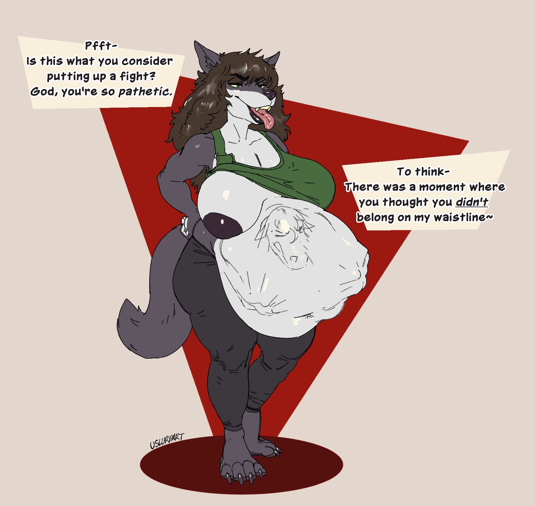 2d, 2d (artwork), anthro, anthro female, anthro pred, belly, belly bulge, big belly, big belly bulge, big breasts, breasts, brown hair, brown hair female, brunette hair, exposed breast, exposed breasts, female, female focus, female pred, furry, furry female, furry pred, hyper, hyper belly, hyper breasts, hyper nipples, large boobs, large breasts, oral vore, prey outline, prey shaped bulge, soft vore, standing, unwilling prey, uslurpart, vore, vore belly, willing pred