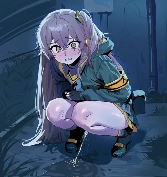 1girls, 2d, ashamed, blush, caught, caught in the act, caught peeing, female, female only, girls' frontline, long hair, looking at viewer, night, peeing, pissing on floor, public, public urination, ruppu, scar, solo, squat, squatting, suprised, suprised expression, suprised look, sweat, ump45 (girls' frontline), urinating, urinating female, urination, urine, white hair