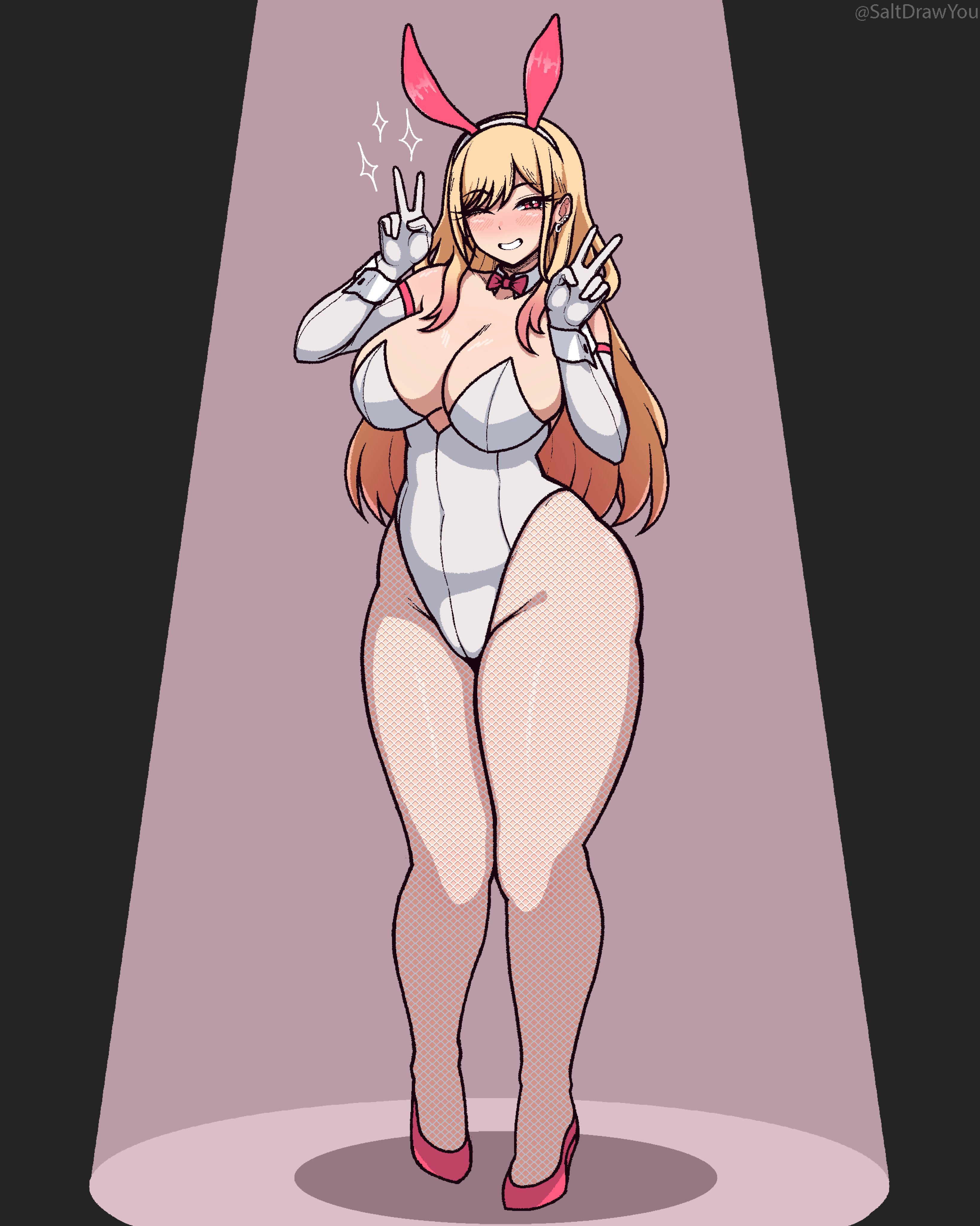 1girls, breasts, bunnysuit, clothed, clothing, fake animal ears, fake rabbit ears, female, female only, kitagawa marin, large breasts, light skin, light-skinned female, looking at viewer, saltdrawyou, solo, sono bisque doll wa koi wo suru, thick thighs, thighs, white bunnysuit, wide hips