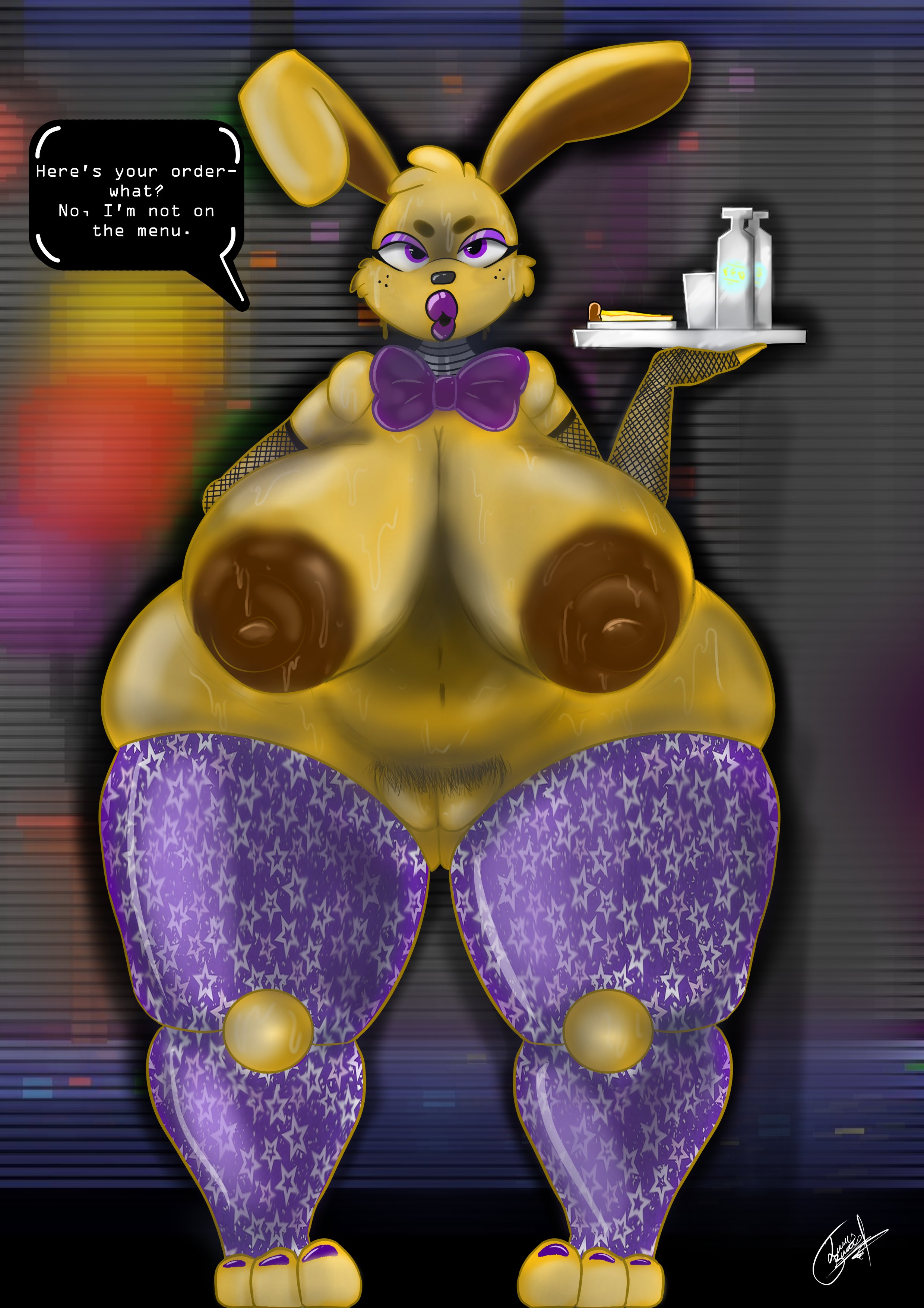 big breasts, bowtie, breasts, bunny, bunny girl, dialogue, female, female only, fishnet armwear, five nights at freddy's, five nights at freddy's 4, lipstick, lunnybunny, painted toenails, pizza, pubic hair, purple bowtie, purple eyelids, purple lips, rule 63, solo, spring bonnie, spring bonnie (fnaf), sweat, thigh clothes, thighs, yellow body, yellow fur