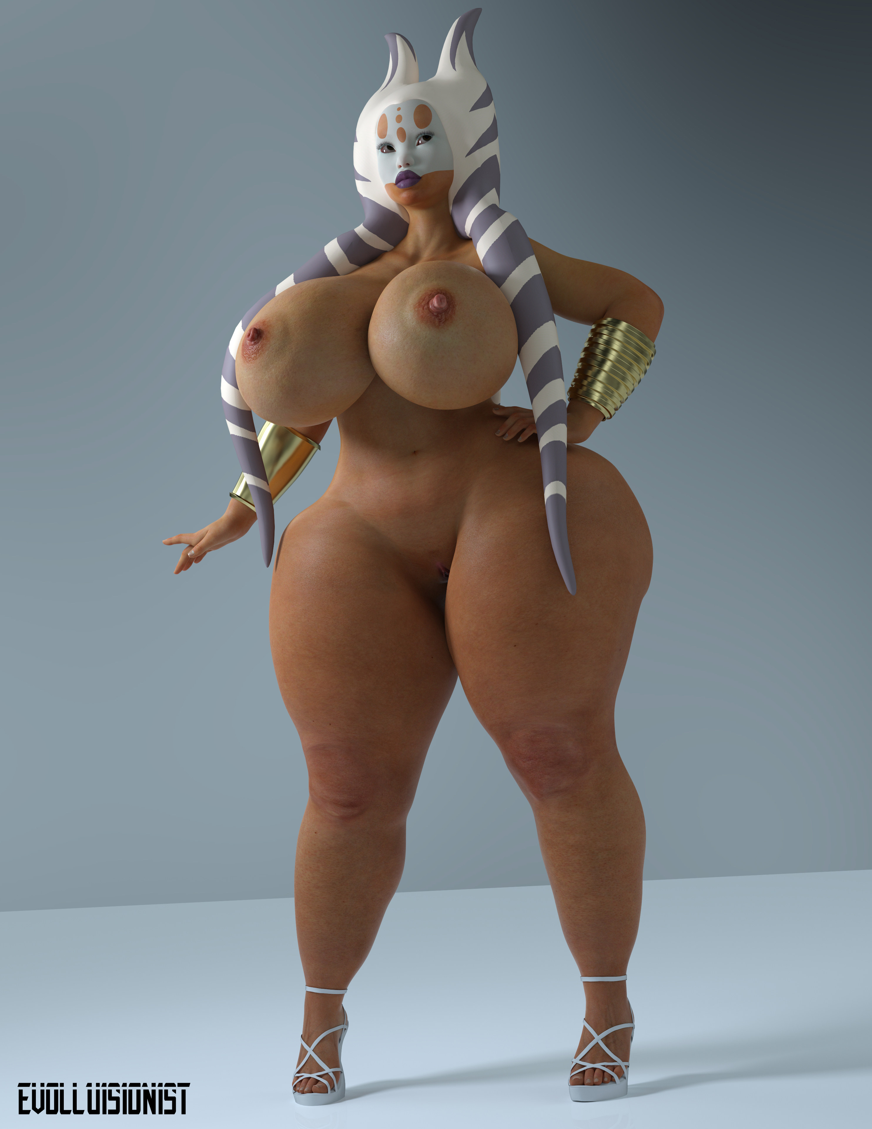 1girls, 3d, alien girl, asola (fun929e), bimbo, breasts, evolluisionist, female, female only, hand on hip, high heels, huge breasts, nipples, nude, original character, pussy, solo, star wars, thick lips, thick thighs, togruta, wide hips