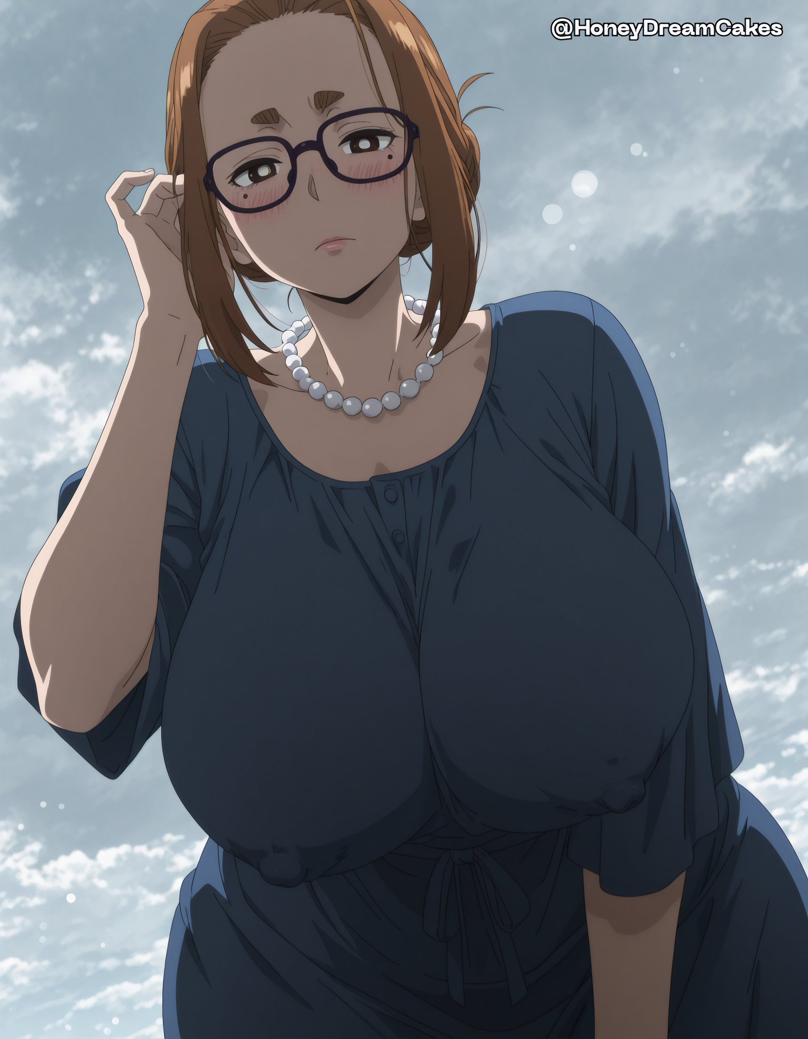 ai generated, areolae visible through clothing, bare thighs, blush, brown eyes, brunette hair, gigantic breasts, glasses, hair bun, honeydreamcakes, huge areolae, huge breasts, huge nipples, huge thighs, kaii to otome to kamikakushi, light skin, light-skinned female, looking down, low-angle view, massive breasts, mature female, milf, nipples visible through clothing, ogawa sumireko, puffy nipples, solo female, squatting, sweat, sweatdrop, thick body, thick female, thick thighs, thighs, voluptuous, voluptuous female