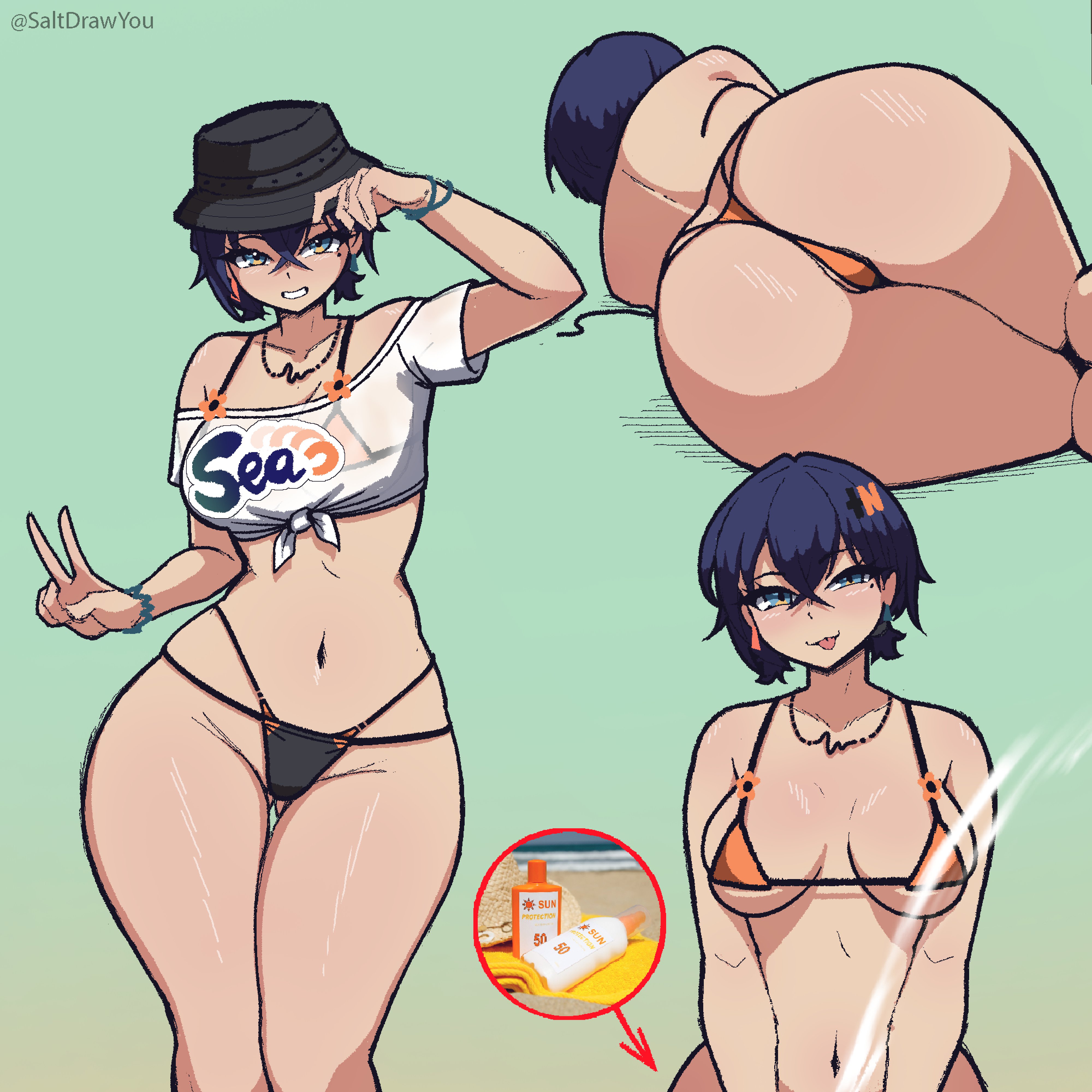 1girls, absurd res, ass, ass focus, ass visible through thighs, belle (summer skies) (zenless zone zero), belle (zenless zone zero), breasts, bucket hat, female, female focus, female only, highres, light skin, light-skinned female, lying, lying on side, medium breasts, meme, official alternate costume, saltdrawyou, short hair, simple background, solo, thick thighs, thighs, wide hips, zenless zone zero