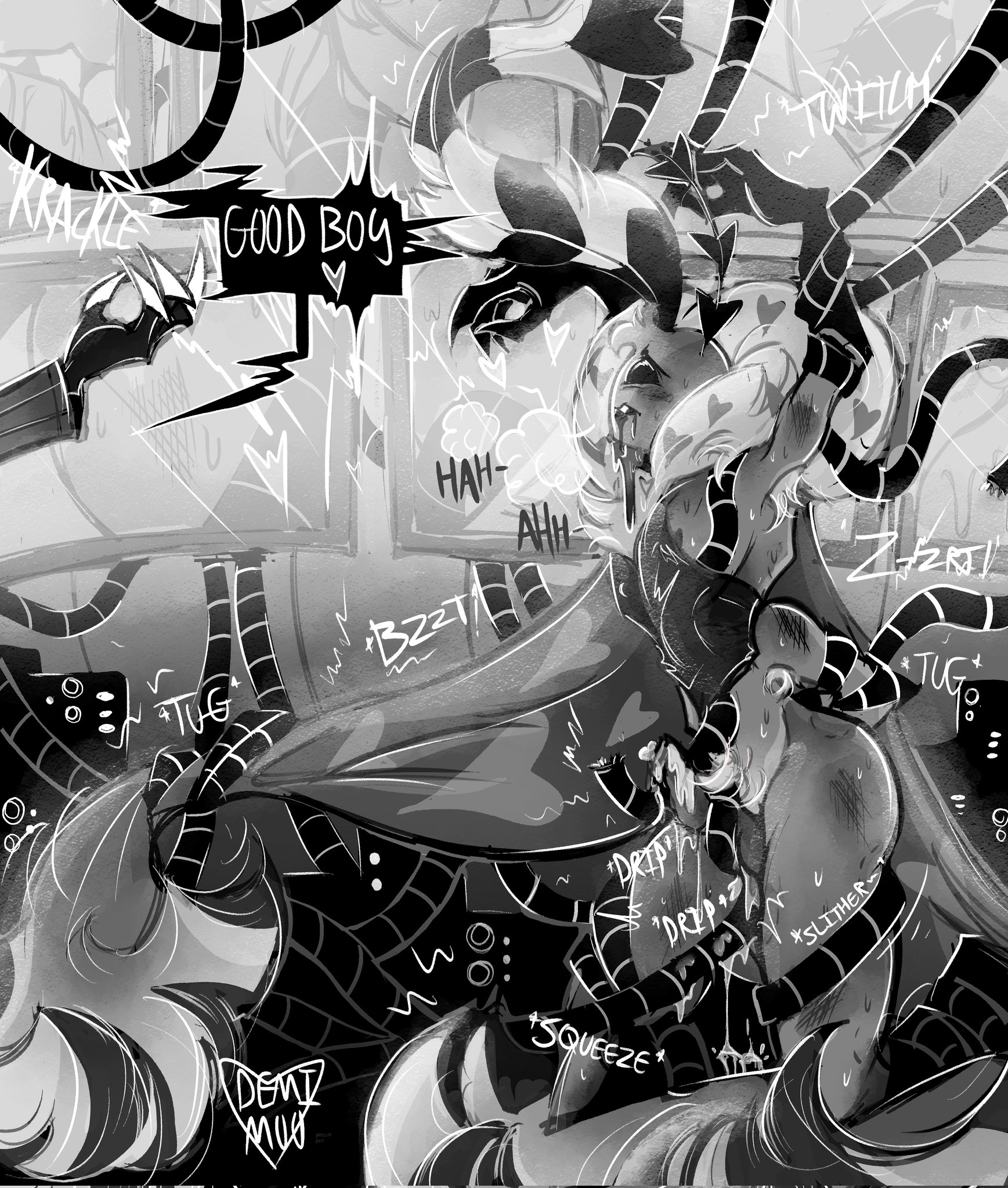 1boy, 4 arms, anthro, black and white, blush, bondage, claws, demon, drooling, hazbin hotel, hellaverse, male, male only, neck tuft, pupilless eyes, tentacle, tentacle sex, text bubble, valentino (hazbin hotel), vox (hazbin hotel), wings, wire