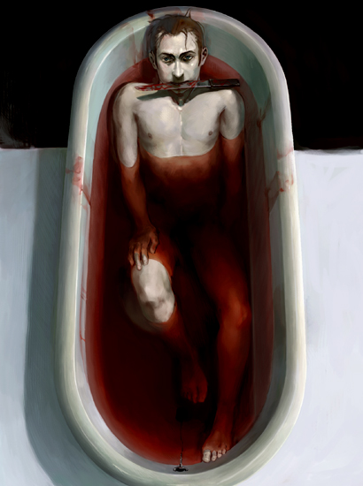 bath bathing bathtub beige_skin blood blood_bath color from_above front_view human iqo knife male male_only mouth_hold nekromantik nude realism realistic robert_schmadtke solo