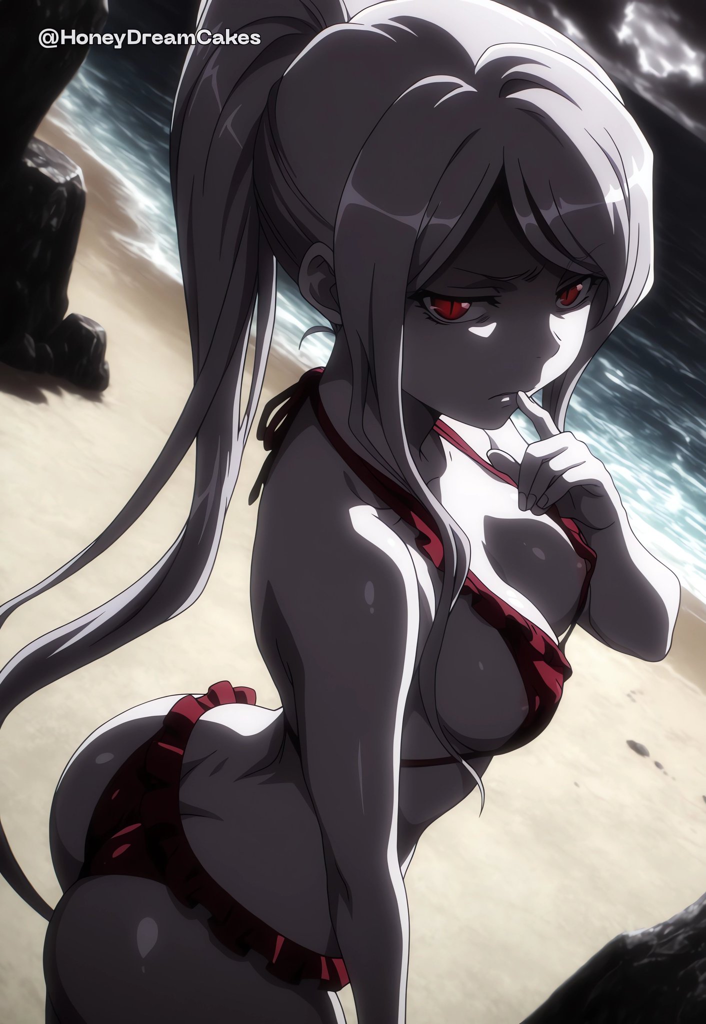 ai generated, angry expression, bare thighs, beach, big ass, big butt, bikini, fat ass, gigantic ass, honeydreamcakes, huge thighs, looking at viewer, massive ass, medium breasts, overlord (maruyama), ponytail, red eyes, shalltear bloodfallen, silver hair, solo female, squatting, sweat, sweatdrop, thick body, thick female, thick thighs, thighs, vampire, vampire girl, voluptuous, voluptuous female, white body, white skin