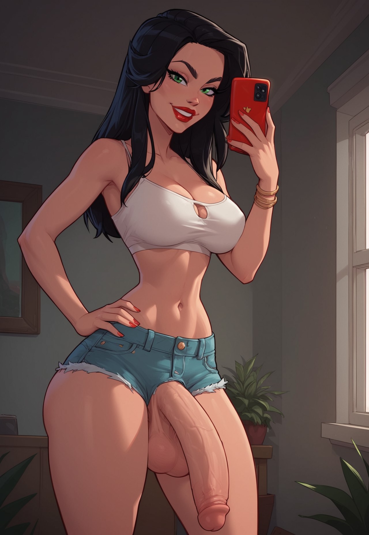1futa, abs, ai generated, armpits, ass, balls, big ass, big breasts, big butt, big hips, big penis, black hair, booty farm, breasts, cleavage, denim, denim shorts, dick, dickgirl, eyebrows, eyelashes, futa only, futanari, green eyes, grin, grinning, grinning at viewer, hair, hand behind head, hand on hip, hands-free, huge cock, indoors, intersex, lips, long hair, looking at viewer, makeup, narrow waist, narrowed eyes, nose, nutaku, penis, red lipstick, seducing, seductive, seductive eyes, seductive gaze, seductive look, seductive mouth, seductive pose, seductive smile, shorts, smile, smile at viewer, smiley face, smooth balls, smooth penis, smooth skin, solo, solo dickgirl, solo focus, solo futa, stella (booty farm), testicles, velonix, white top