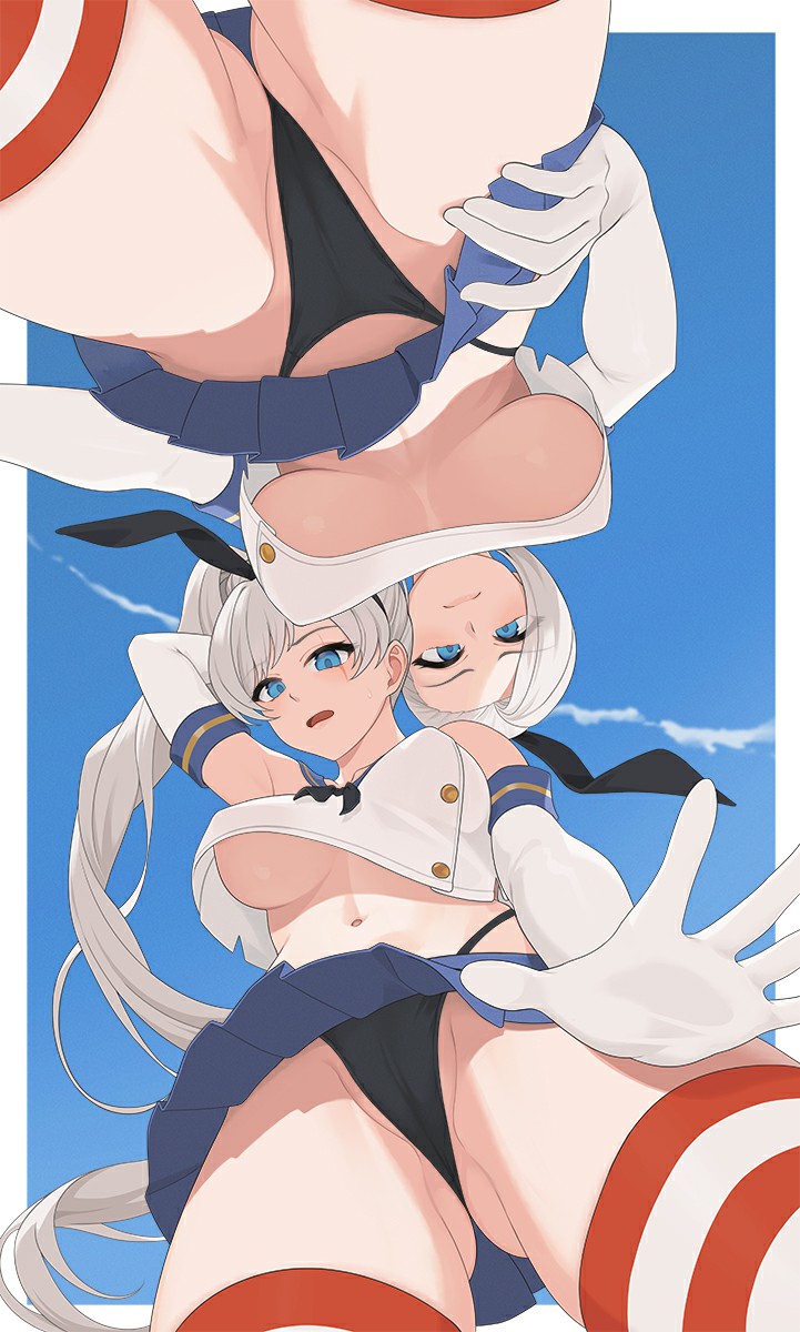2girls, big breasts, black panties, blue eyes, breasts, bw-ring, cosplay, crossover cosplay, female, female only, high ponytail, kantai collection, light skin, light-skinned female, long hair, looking at viewer, looking down, multiple girls, ponytail, rwby, shimakaze (kantai collection) (cosplay), sisters, thong, thong panties, underboob, weiss schnee, white hair, winter schnee