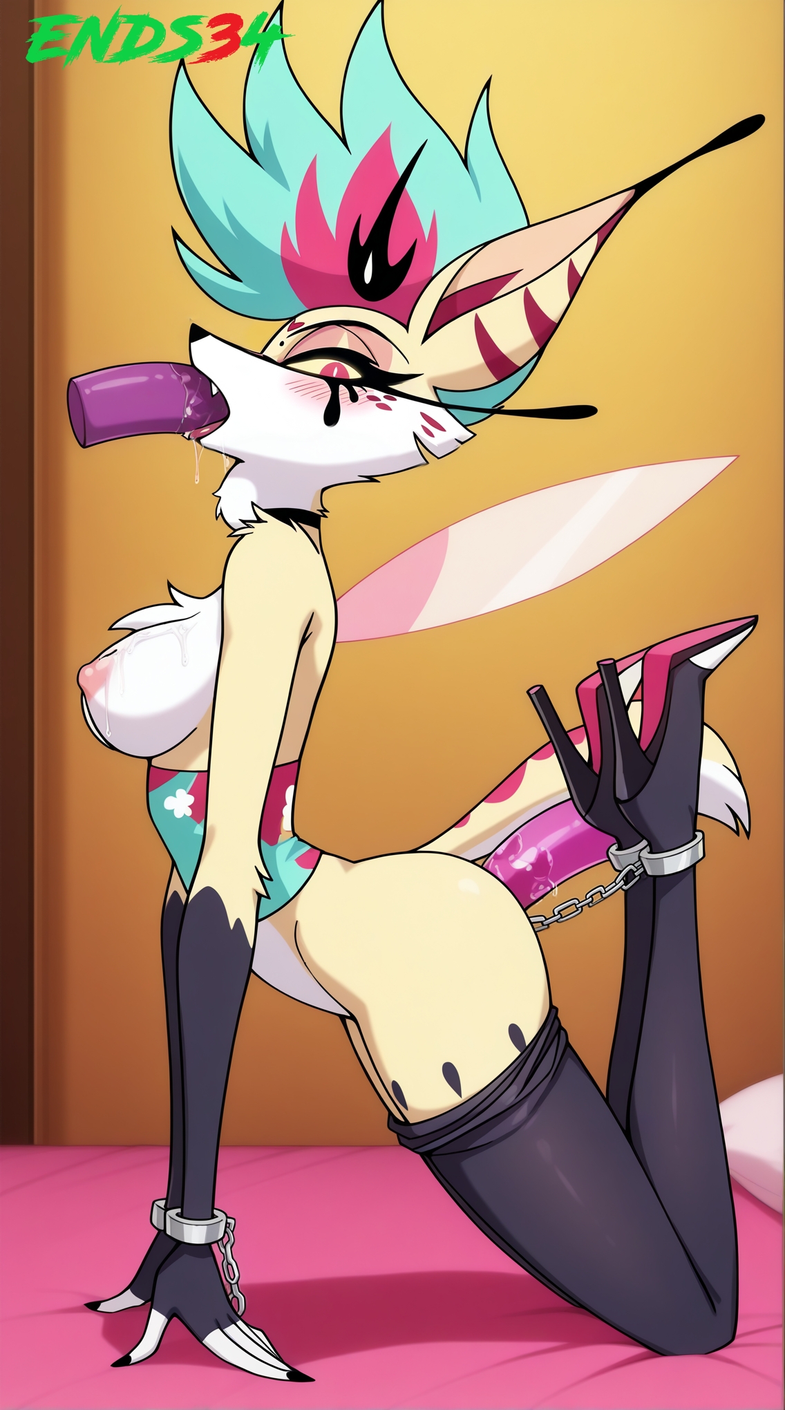 2025, ai generated, dildo in ass, ends34, female, female only, furry female, helluva boss, looking at viewer, pink hair, queen bee-lzebub (helluva boss)