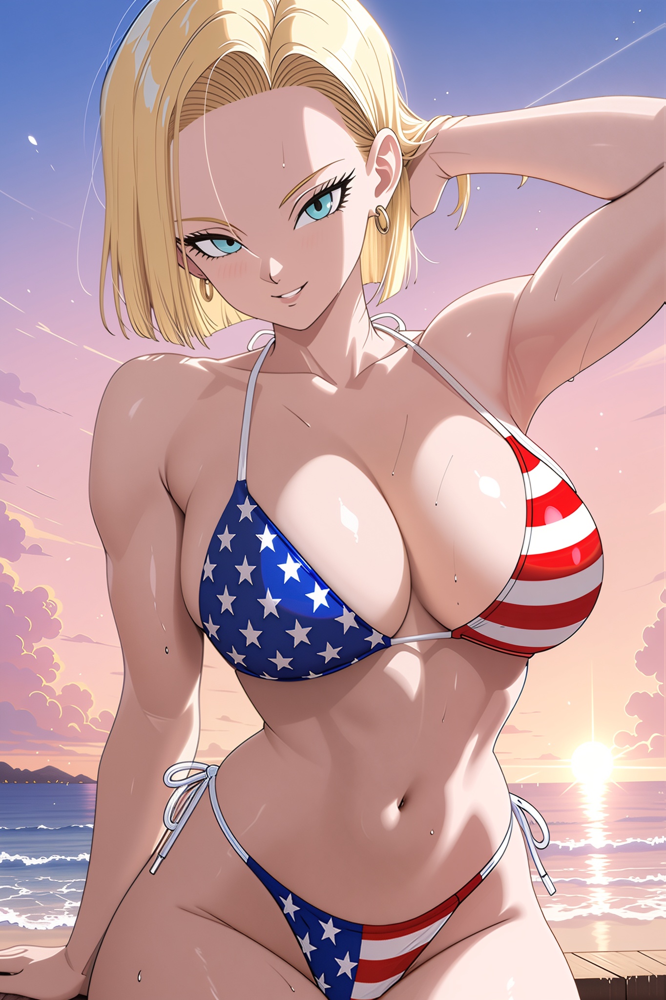 1girls, ai generated, american flag bikini, android, android 18, android girl, beach, beachside, beautiful, beautiful female, beautiful girl, bikini, blonde female, blonde hair, blonde hair female, blonde-haired female, blue eyes, blush, dragon ball, dragon ball super, dragon ball z, earrings, female, gold earrings, hands behind head, hi res, high resolution, hips, hourglass figure, looking at viewer, narrow waist, ocean, ocean view, outdoors, outside, pose, posing, posing for the viewer, sitting, smile, smiling, solo, solo female, sunset, tagme, upscaled, waist, water, wide hips