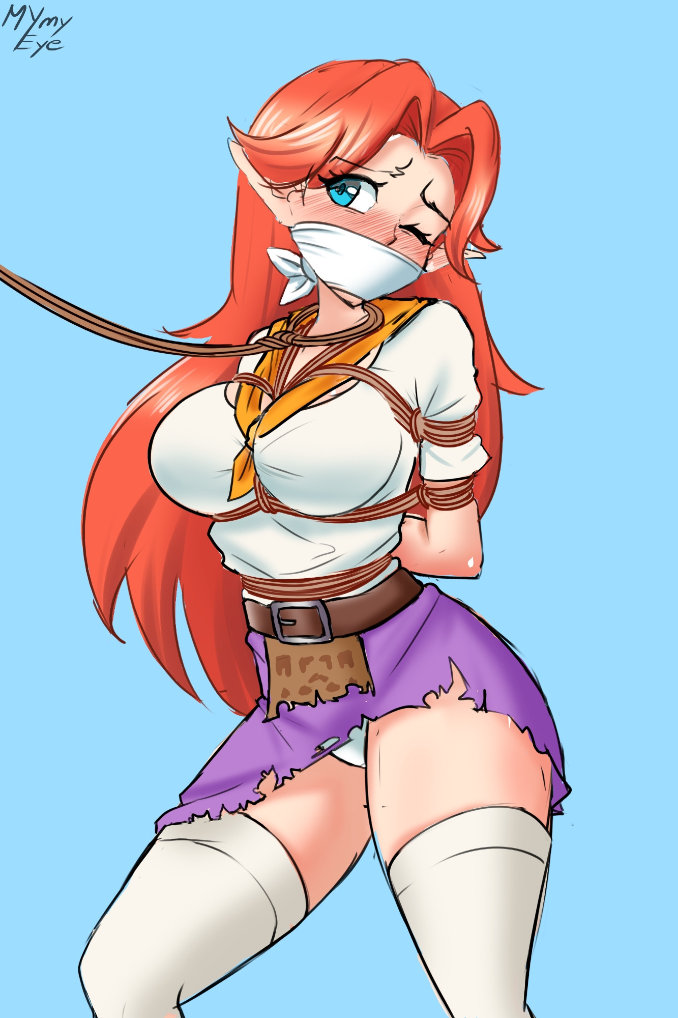 1girls, arms behind back, arms tied behind back, blue eyes, bondage, bound, bound arms, cleave gag, collar, defeated, dress, dress lift, elf, exposed panties, exposed pussy, female, female focus, female only, femsub, forced, forced exposure, forced presentation, gag, gagged, gagged female, hylian, hylian ears, leash, leash pull, leashed collar, long hair, malon, mymyeye, nintendo, ocarina of time, one eye closed, panties, pointy ears, red hair, red-haired female, restrained, restrained arms, ripped clothing, rope, rope around neck, rope between breasts, rope bondage, rope leash, shibari over clothes, slave, slave girl, stockings, submissive, submissive female, the legend of zelda, thick thighs, thigh highs, thigh socks, thighhighs, thighs, tied up, torn clothes, torn dress, unwanted exposure, upskirt