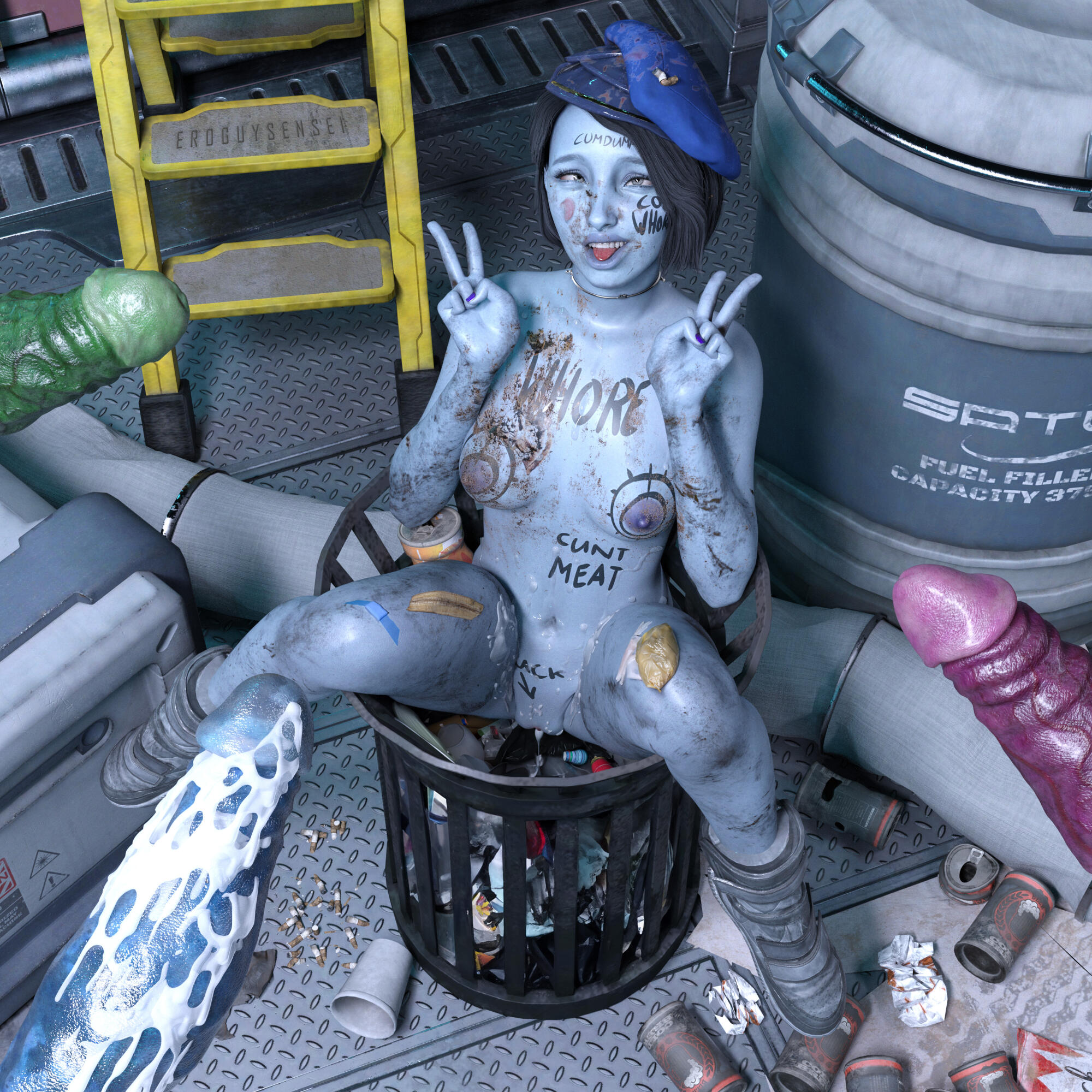 1girls, 3boys, 3d, 3d (artwork), after sex, ahe gao, blue body, blue eyes, blue hair, blue nipples, blue penis, blue skin, bob cut, bumpy penis, closed eyes, confused, confused look, cum, cum in pussy, cum on penis, eroguysensei, eyes rolling back, female, fucked into submission, fucked senseless, fucked silly, green penis, guardians of the galaxy, guardians of the galaxy (game), hat, huge cock, in trash can, male, marvel, multiple boys, multiple penises, nikki gold (guardians of the galaxy game), peace sign, purple penis, silly face, submissive, teenager, teeth showing, trash, trashed, writing, writing on ass, writing on body, writing on breasts, writing on butt, writing on skin