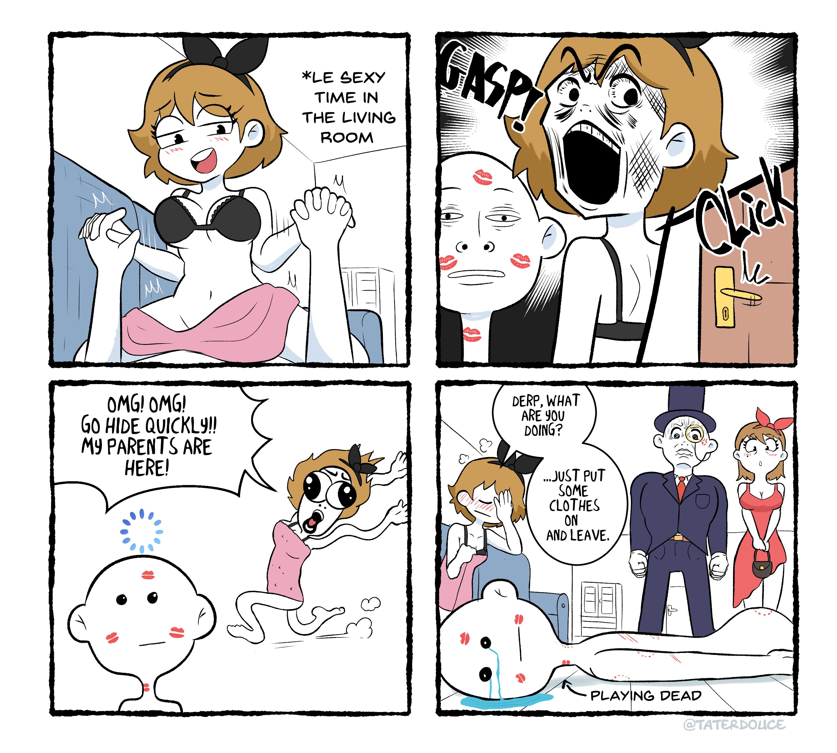 1girls, 2boys, 2girls, 3boys, almost caught, bald, black bra, blue jacket, bottomless, bow, bra, breasts, brown hair, caught, cleavage, clothing, couch, cowgirl position, crying, damn daniel, derpina, door, dress, english text, fainted, female, formal, ghost, hairband, hat, holding hands, implied sex, interlocked fingers, kiss mark, lipstick mark, monocle, mother, multiple boys, multiple girls, naked towel, navel, necktie, nude, nude male, open mouth, parent, parents, partially colored, playing dead, profanity, puddle, rage comics, red dress, sex, short hair, slap mark, smile, speech bubble, straddling, straight, suit, taterdouce, tearing up, tears, teeth, top hat, towel, twitter username, underwear, walk-in