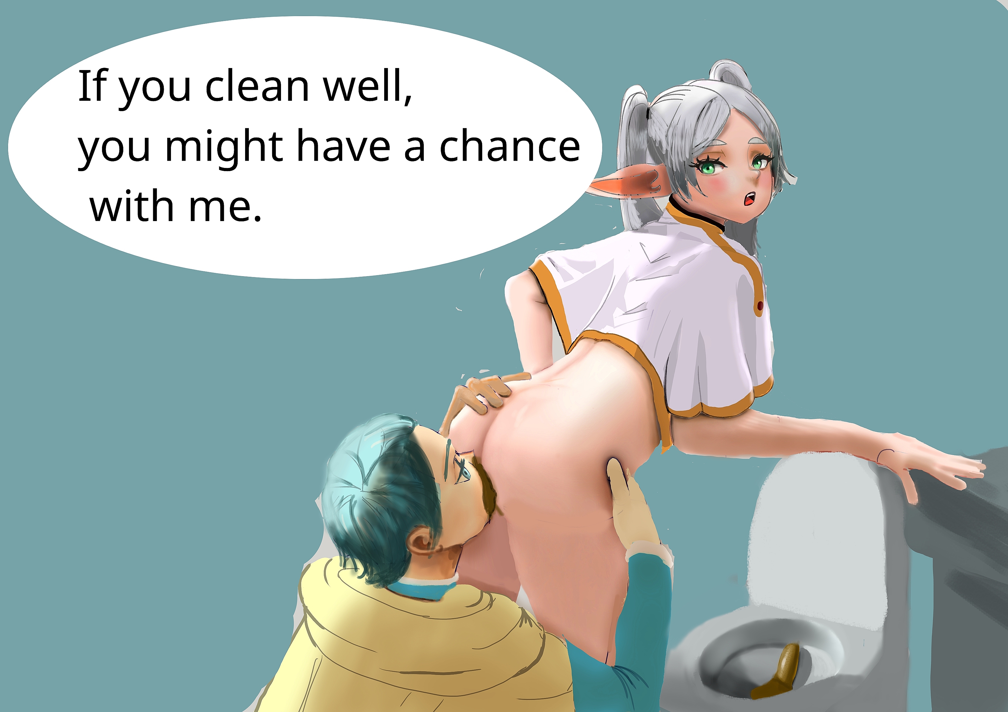 1boy, 1boy1girls, 1girls, anal, anilingus, ass, ass grab, assjob, bathroom, blue hair, bottomless, coprophagia, coprophilia, dirty, dirty ass, dominant female, eating ass, elf, femdom, femdom scat, frieren, frieren beyond journey's end, from behind, himmel (sousou no frieren), kneeling, rimjob, rimming, scat, shitting, silver hair, smelly, smelly ass, sousou no frieren, stinky ass, stinky butt, submissive male, toilet, toilet slave, tongue as toilet paper