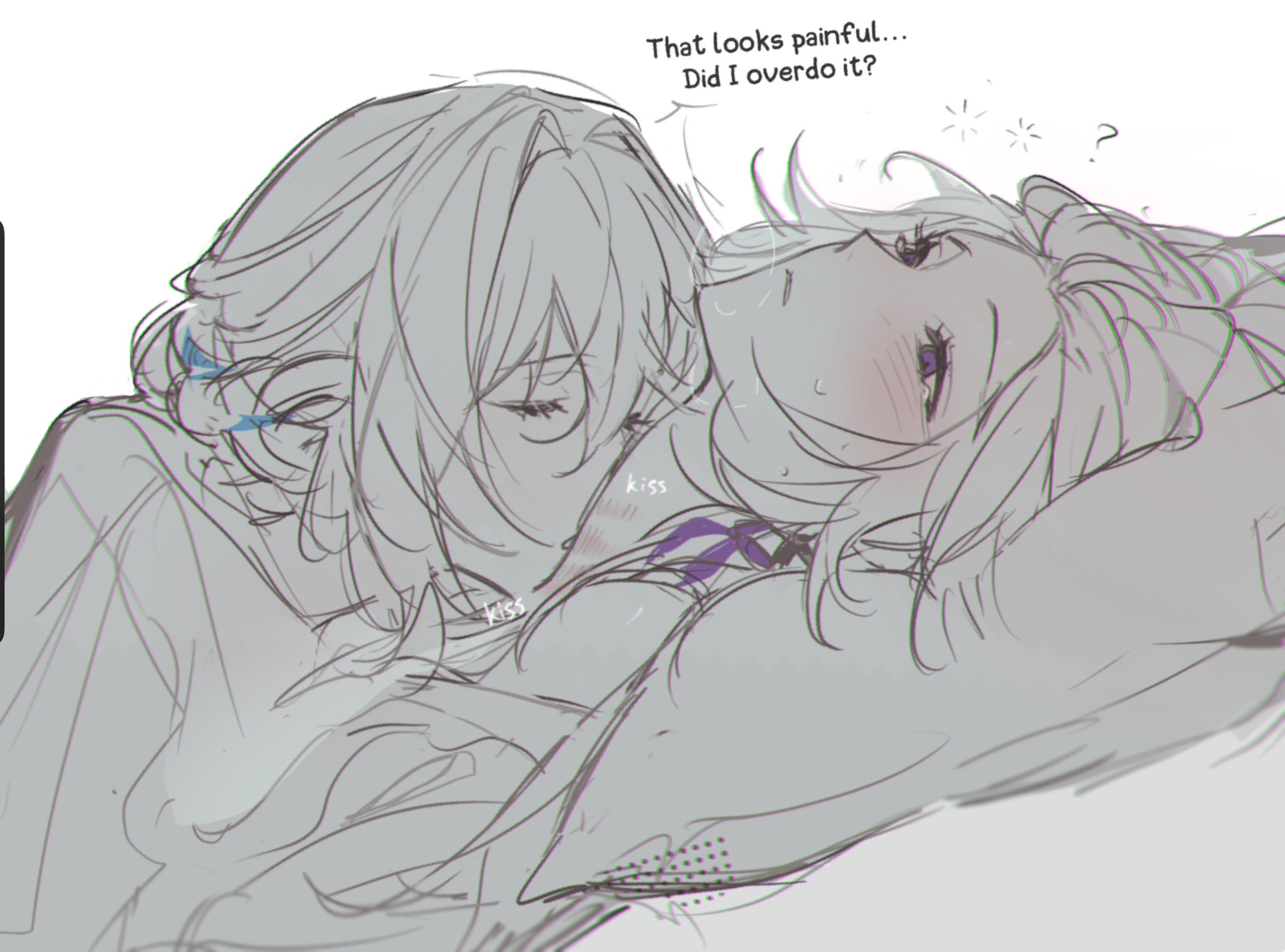 blush, blushing, bruise, bruised, bruised neck, chromatic aberration, closed, closed eyes, dazed, herta (honkai: star rail), honkai: star rail, kissing neck, lesbian sex, question mark, ruan mei (honkai: star rail), sketch, the herta (honkai: star rail), yuri
