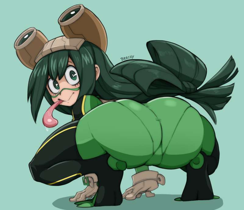 1girls, ass, big ass, boku no hero academia, brachyzoid, fat ass, female, female only, froppy, light-skinned female, looking at viewer, looking back, my hero academia, pantylines, pussy visible through clothes, showing ass, solo, sticking out tongue, thick ass, thick thighs, tight clothing, tight fit, tongue out, tsuyu asui