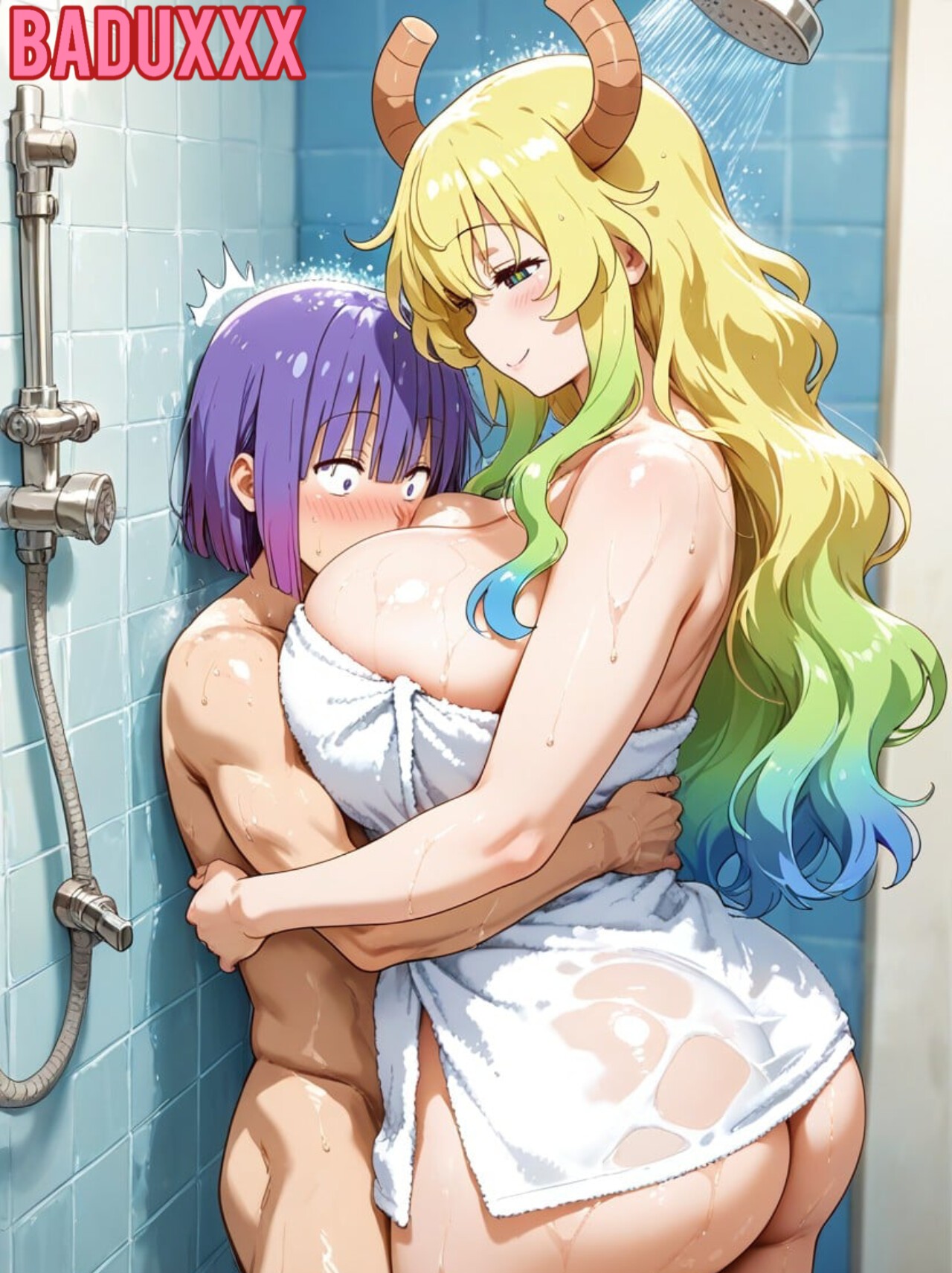 1boy, 1girls, ai generated, baduxxx, bathroom, breasts on face, bubble butt, dominant female, embarrassed, embarrassed nude male, horns, huge ass, huge breasts, hugging, hugging another, looking at another, lucoa, lucoa (maidragon), magatsuchi shouta, mischievous smile, miss kobayashi's dragon maid, multicolored hair, naked male, pressing breast on partner, shower, submissive male, taller female, towel only, wet body