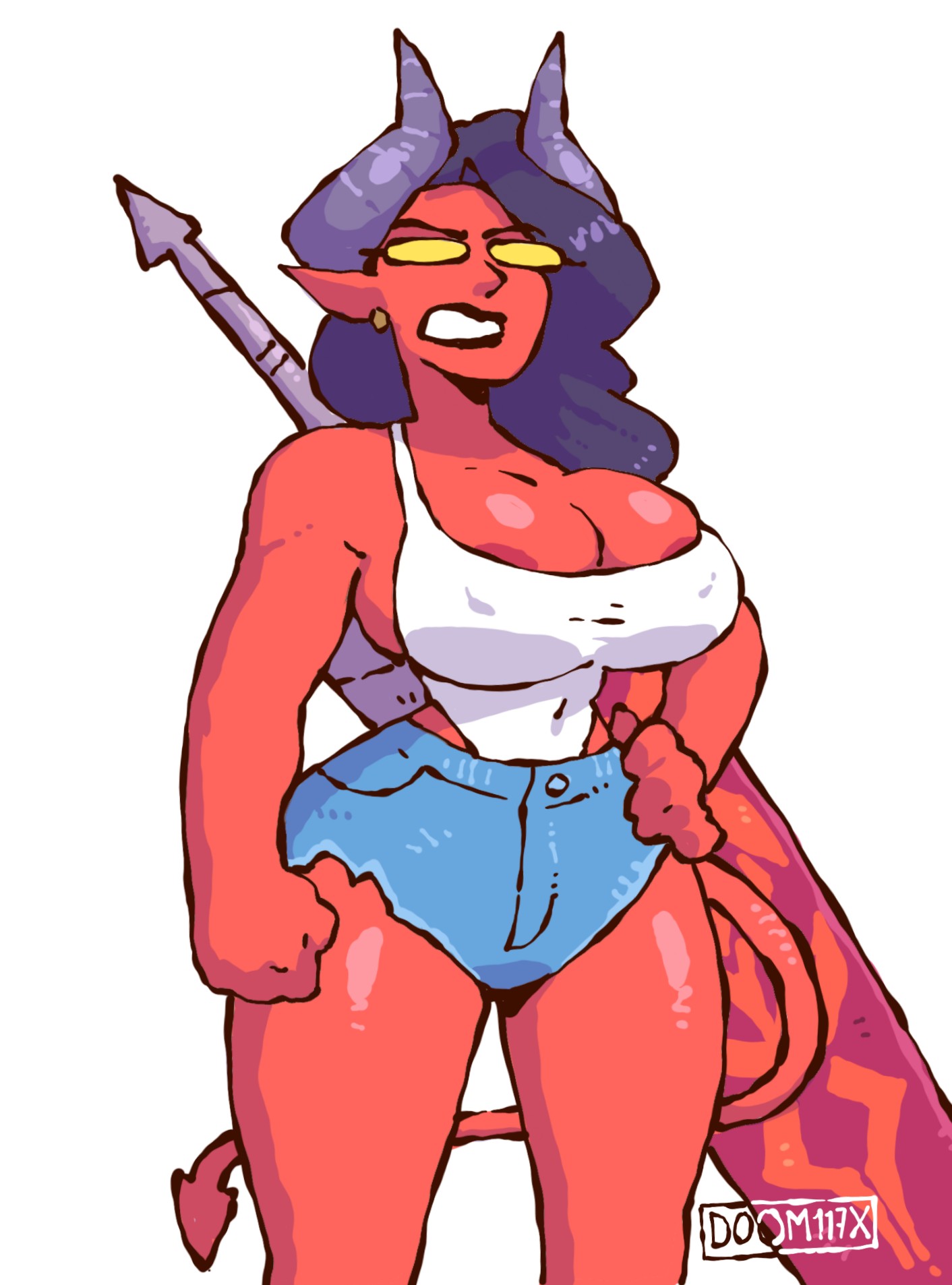 1female, 1girls, 2025, 2d, 2d (artwork), areolae, black hair, breasts, demon, demon girl, digital media (artwork), dispatch (game), doom117x, female, female focus, female only, half demon, horns, huge breasts, lipstick, malevola gibb, nipple bulge, pointy ears, pointy tail, red body, red skin, red skinned female, red-skinned female, short, short jeans, shorts, solo, solo female, solo focus, sword, tail, tank top, white background, yellow eyes