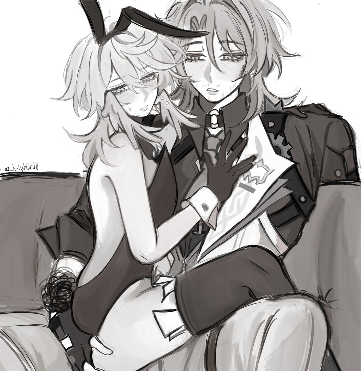 2boys, bunny costume, gallagher (honkai: star rail), gay, honkai: star rail, lap sitting, male, male only, sunday (honkai: star rail), yaoi