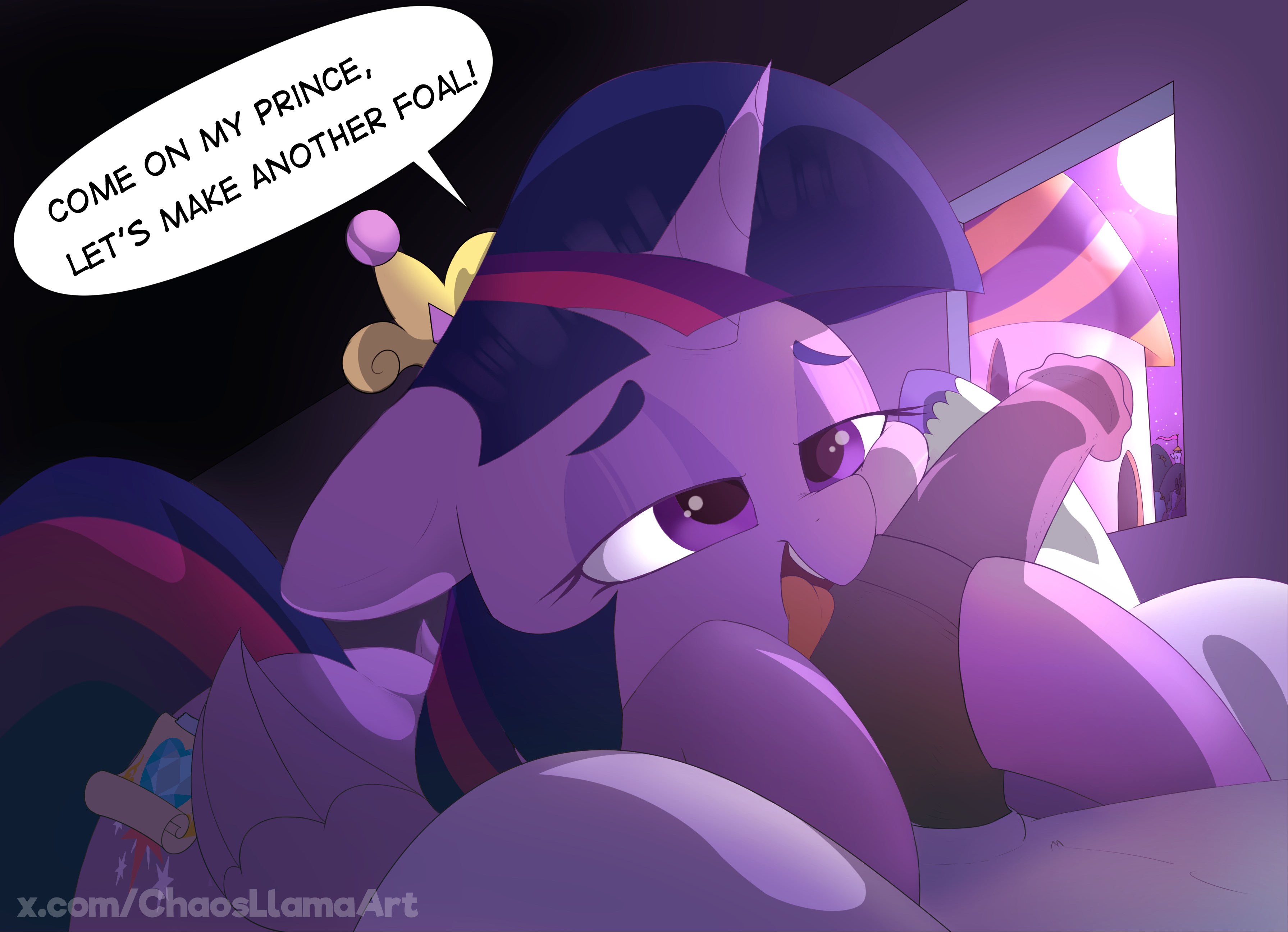 absurd res, alicorn, bedroom eyes, brother and sister, chaosllama, crown, english text, equid, equine, fake cutie mark, family, fellatio, female, feral, fetlocks, friendship is magic, hasbro, headgear, hi res, horn, incest, incest (lore), mammal, my little pony, mythological creature, mythological equine, mythology, narrowed eyes, oral, penile, seductive, sex, shining armor (mlp), solo, speech bubble, text, tongue, tongue out, twilight sparkle (mlp), twitter url, unicorn, url, wings