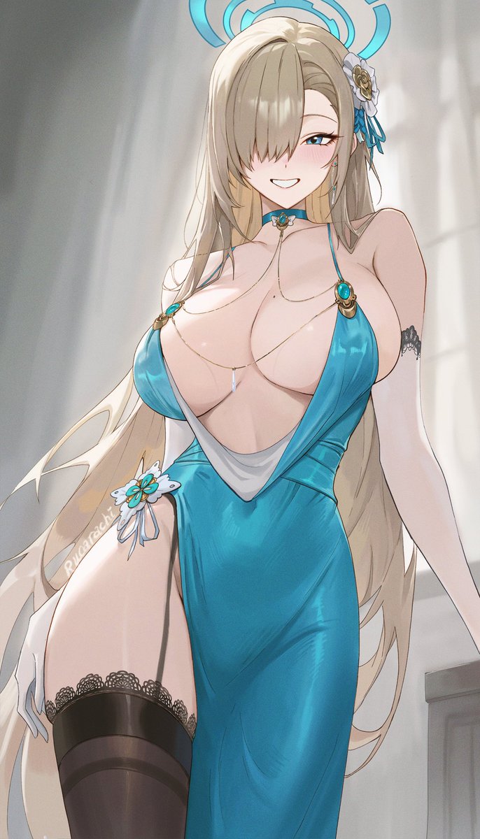 1girls, armwear, asuna (blue archive), big breasts, blue archive, cleaning & clearing (blue archive), dress, female, female only, garter belt, hairband, halo, millennium science school student, mole on breast, rucarachi, stockings, thick thighs