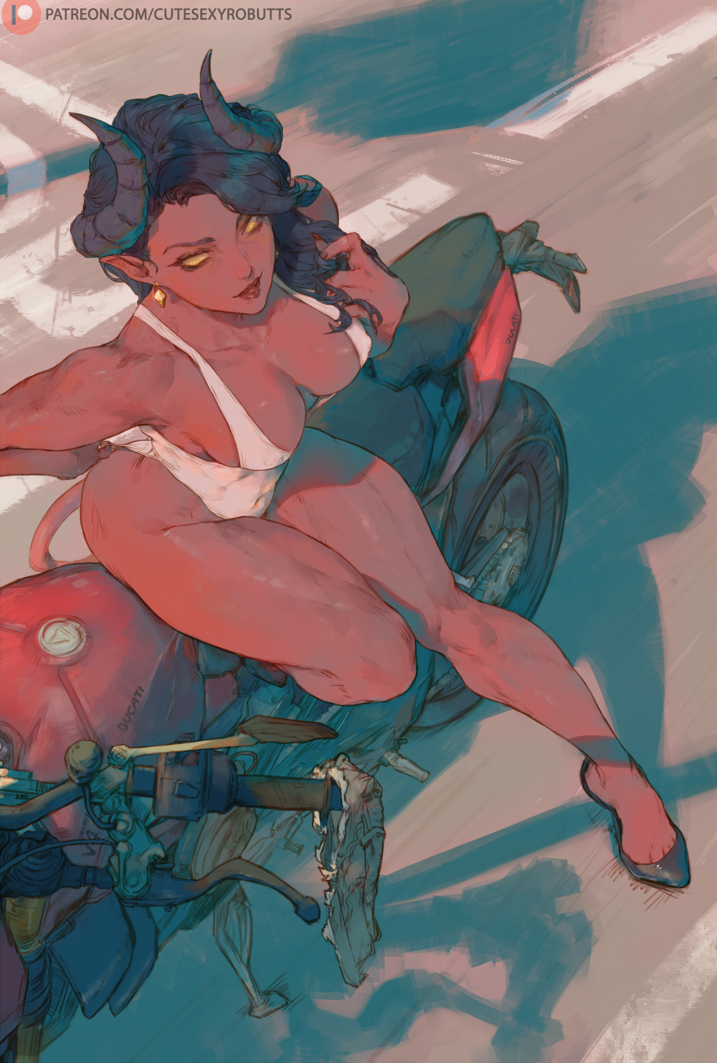 1girls, black hair, black heels, breasts, cleavage, cutesexyrobutts, demon girl, dispatch, dispatch (game), ducati motor (company), earrings, female, from above, hand in own hair, high heels, highres, horns, large breasts, leotard, looking at viewer, malevola gibb, motorcycle, muscular, muscular female, muscular thighs, no pupils, parking lot, pointy ears, red skin, red-skinned female, shorts removed, sitting on vehicle, solo, tail, thick thighs, twirling hair, white leotard, yellow eyes