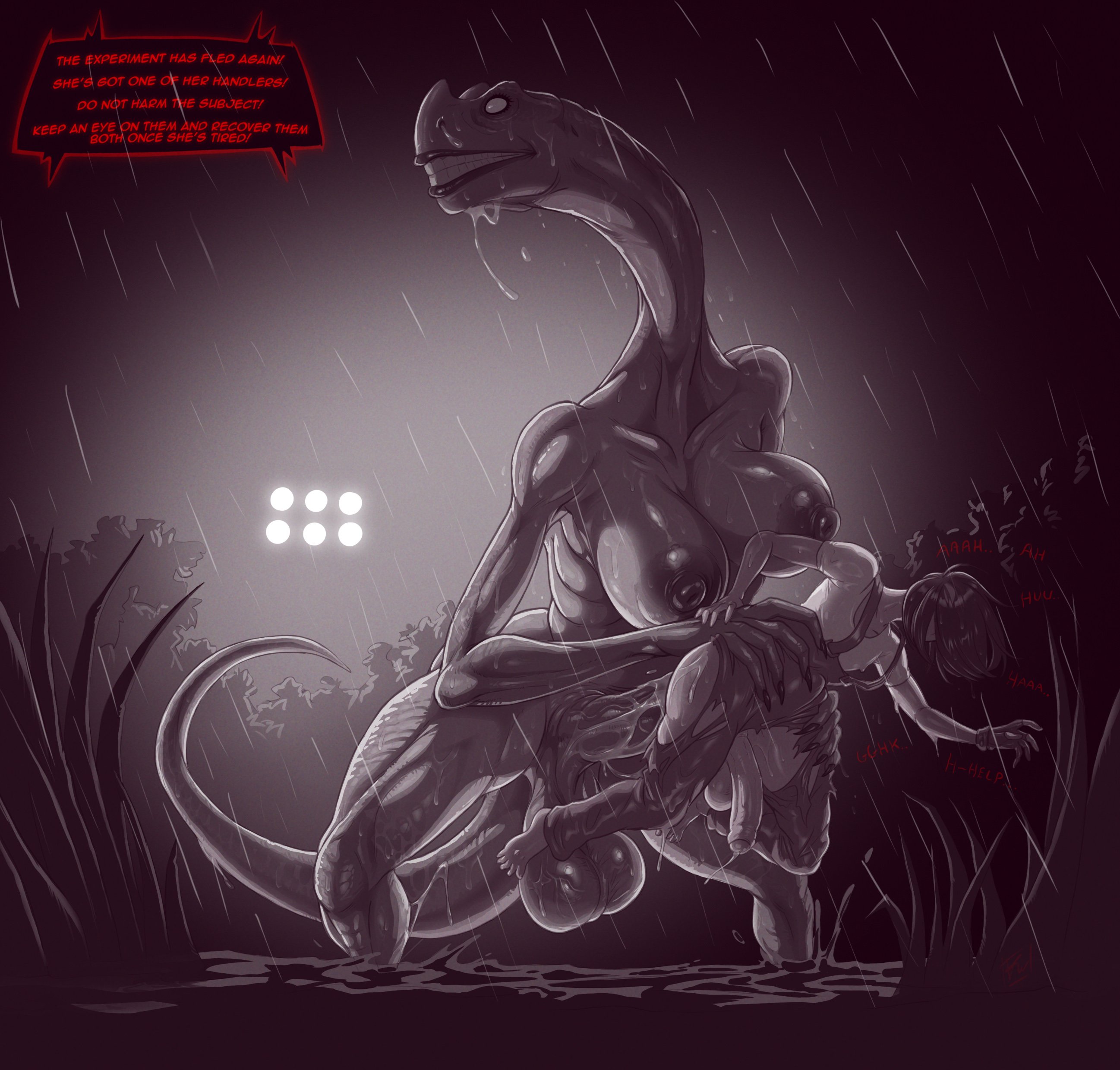 anal, anal penetration, anal sex, broken sex toy, dinosaur, dinosaur girl, english text, faceless male, futa on male, futanari, human, hybrid, imminent death, lifting person, male penetrated, monster, monster cock, mosasaurus, outdoor nudity, outdoors, penetration, random rend, rough sex, stomach bulge, text