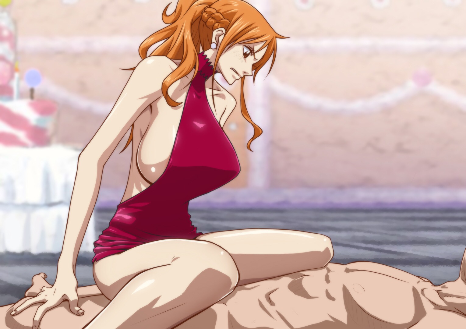 1boy, 1girls, clothed female nude male, clothed sex, clothing, cowgirl position, dubious consent, female, female focus, kyabakurabakufu, male, nami (one piece), one piece, orange hair, orange-haired female, sex, straddling, straight, whole cake island