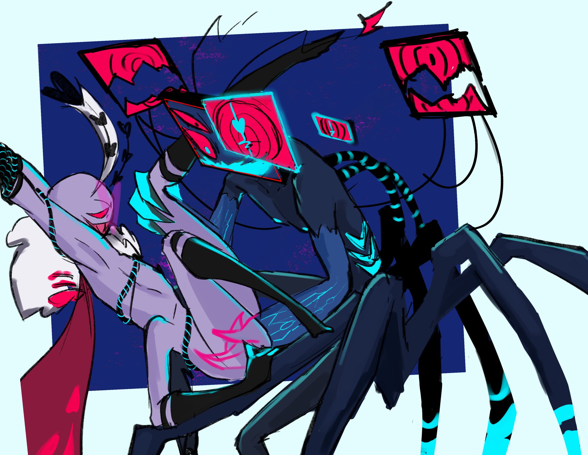 2boys, 3 eyes, 4 arms, anthro, black body, blue eyes, bondage, claws, demon, duo, full demon form, gay, gills, glowing nipples, hazbin hotel, hellaverse, male, male only, neck tuft, pupilless eyes, purple body, red eyes, sharp teeth, simple background, smile, stockings, tentacle, valentino (hazbin hotel), vox (hazbin hotel), wings, wire