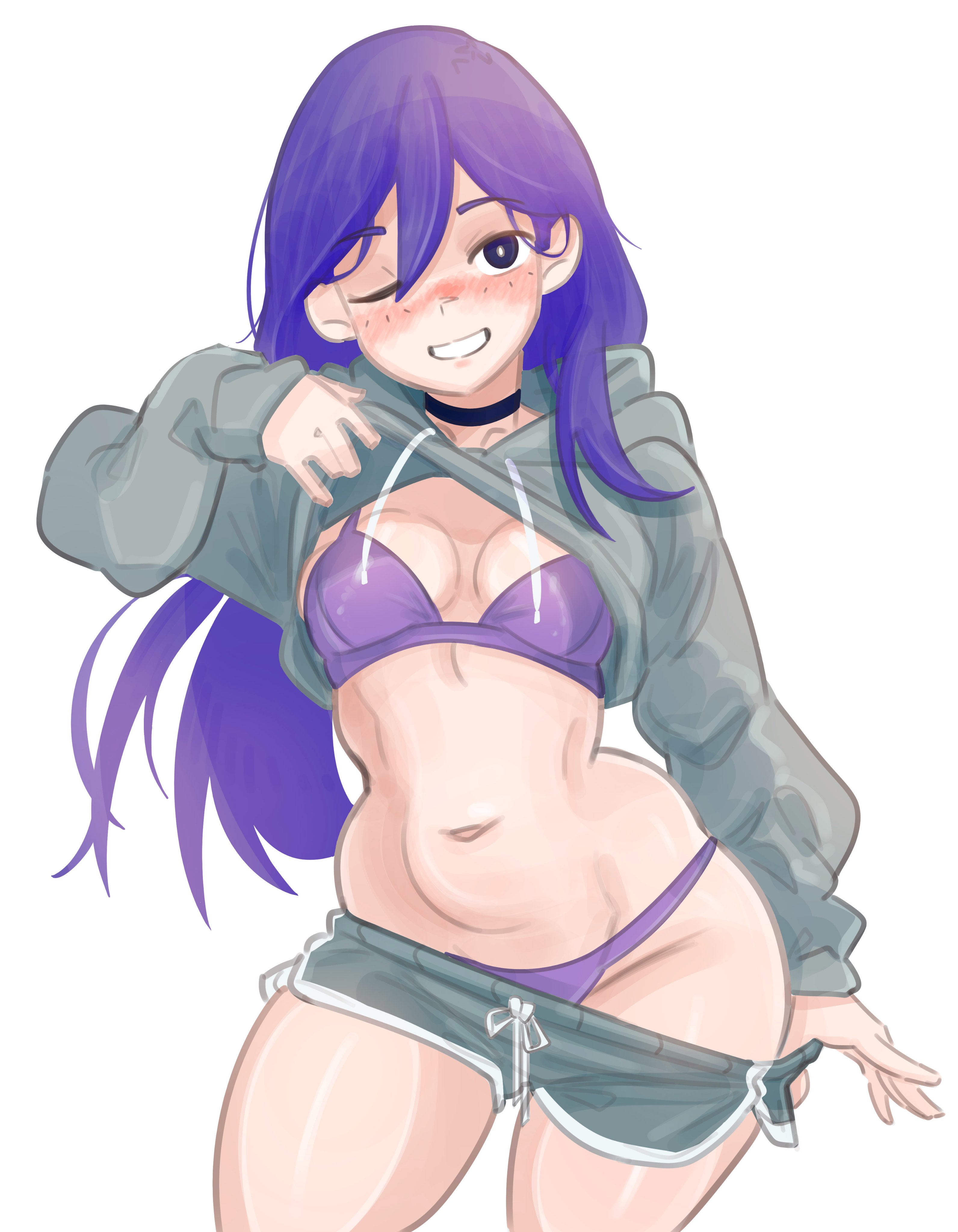 1girls, boush, choker, emiillb, female, lifting shirt, long hair, mari (omori), omori, panties, pants down, purple hair, smile, wink